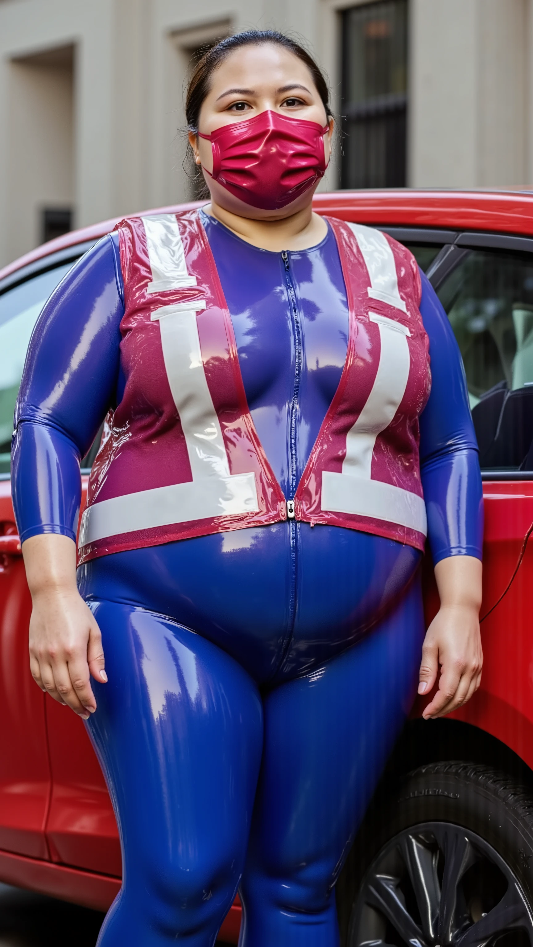 3D photograph, 8K rendering, dynamic creativity, there is a 40 year old woman weighing 500 pounds, extremely obese, giant arms, giant legs, giant belly, massive breasts, wearing a purple latex shirt with long sleeves that is very tight fitting and has soft blue glued seams, the woman wears blue shiny polished latex pants, the woman wears a red Asian patrol vest with high visibility stripes that are white, the vest has translucent pockets showing the woman’s chest underneath, 50% translucency plastic, the woman stands at the side of a red Toyota Prius, the woman wears a shining pink rubber face mask