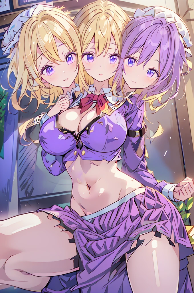 (masterpiece, best quality),best quality, (ultra-detailed), (3heads:1.5), 1girl, (maribel hearn:1.3), masterpiece, best quality, ultra quality, ultra resolution, ultra detail, purple top, crop top, ((stomach)), midriff, ((groin)), purple skirt, frilled skirt, miniskirt, normal ears, , blonde hair, very long hair, wavy hair, sidelocks, purple eyes, parted lips, beautiful eyes, sweat, cute, toned belly, hand on own , eyelashes, (24 year old woman:1.3), (masterpiece:1.5), (best quality:1.5), (beautiful detailed extremely detailed CG, extremely delicate and beautiful, depth of field, (finely detailed face), (perfect details:1.3), (mature female:1.3), wide pelvis, slender, large veiny , 16k resolution, highres, high quality, high definition, extremely detailed, masterpiece, best quality, blonde hair, long hair, alluring presence, twin braid, short skirt, close up, very big , huge , young, mob cap, white headwear, red bow on hat, skirt hold, hair between the eyes, , open belly, midriff, cowboy shot, looking at viewer,
