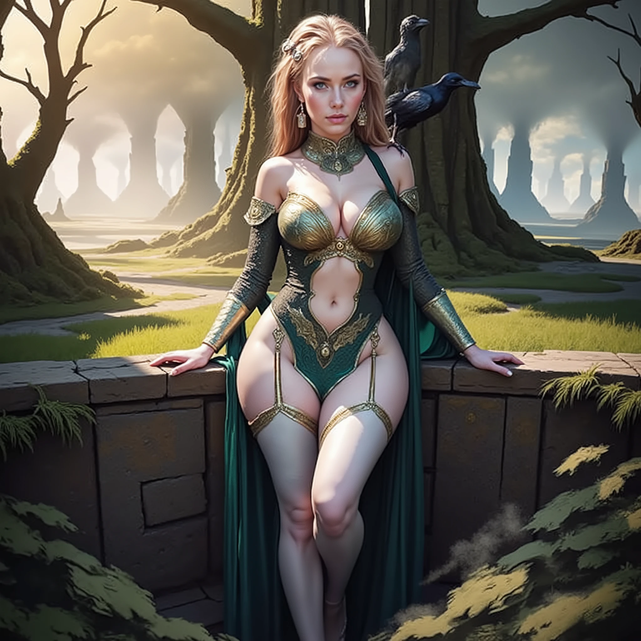 A Norway mythology, female, physically perfect body, muscular,tone tall body, very long flowing Golden blonde wavy hair,big breasts, with her pet raven bird.Valkyrie warrior stands in an expansive, barren desert landscape, exuding strength and confidence. The woman wears intricately designed, metallic armor that accentuates her muscular physique. Her armor features detailed engravings and resembles the scales of a mythical creature, blending function with an artistic flair. A large black raven perches majestically on her shoulder, adding an element of mystical camaraderie. The background features imposing, jagged mountains under a dusky sky, with mist creeping over the terrain, suggesting a time near twilight or dawn. The play of soft pink and orange hues in the sky reflects a serene yet foreboding atmosphere. Dust swirls around her feet, enhancing the feeling of movement and intensity within this otherwise still scene. The overall tone conveys a sense of epic adventure and otherworld, anatomy correct ,