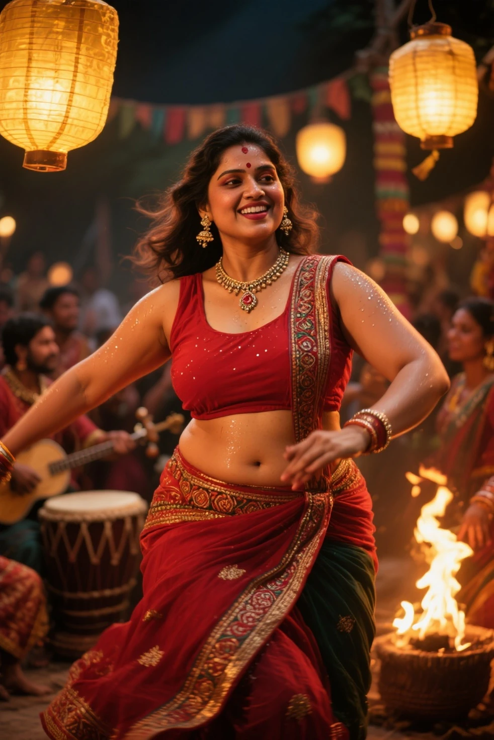 HD wallpaper 32k cinematic shoot of a Beautiful cute Indian girl, with thick thighs and a  waist, smiling, wearing an Indian song dress, ((navel)), BREAK (Ceremony, Red carpet, Large crowds:1.5)，Profile beauty, ((cowboy shot)), ((looking at the camera)), ((close up shot)), ((close up shot)), ((upper body view)), ((upper body view)), ((huge earrings)), ((a man kissing her)), ((a man grabbing her waist)), ((a man kissing her navel))