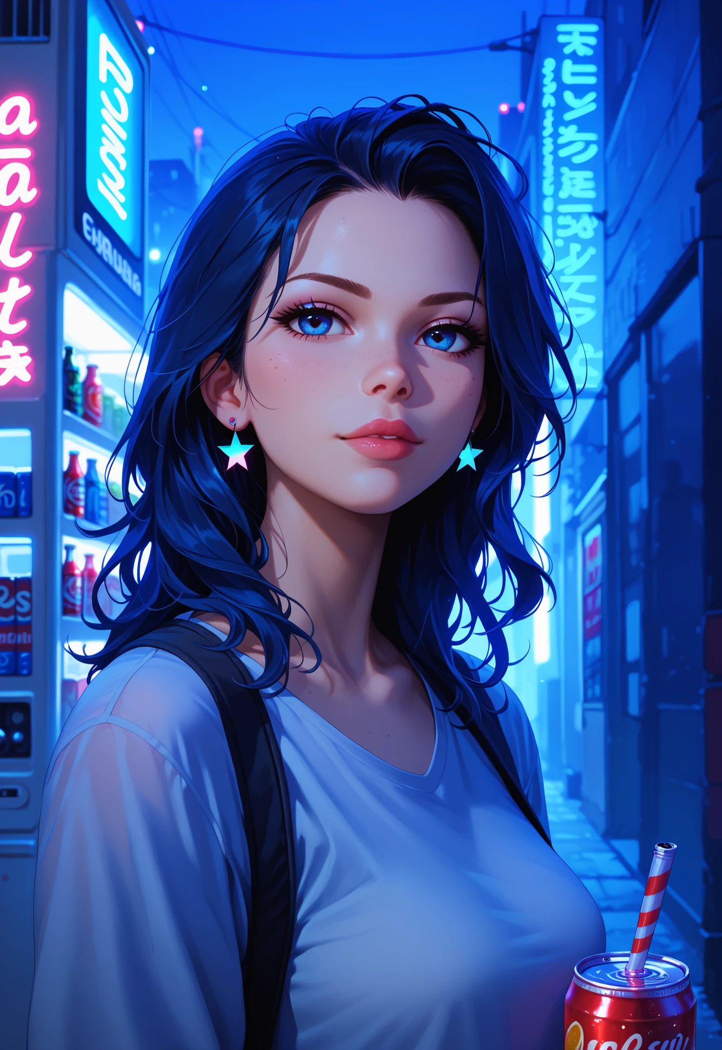 A young woman leaning casually against a colorful vending machine, sipping from a straw in a soda can, urban night setting, neon lights reflecting off her face, relaxed posture, street photography style, shallow depth of field, 35mm lens, detailed city background, warm and cool color contrast