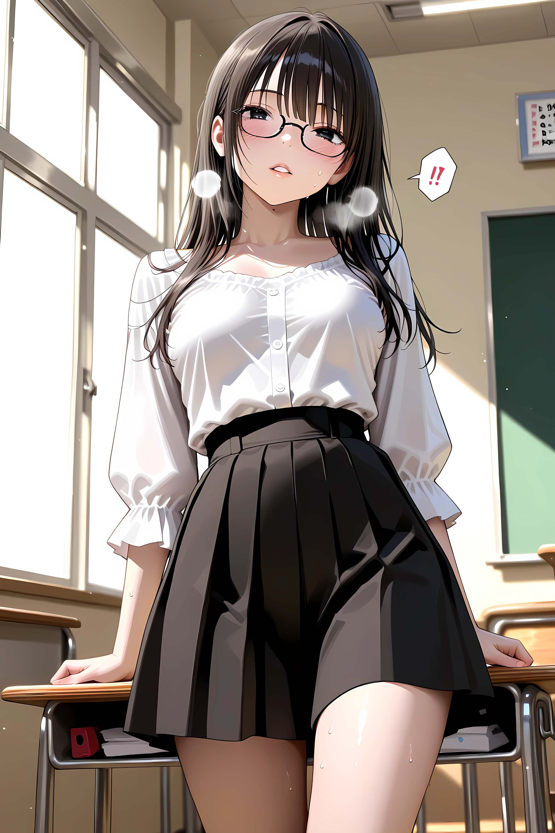 High Quality、masterpiece、clear depiction、Dark Haired、slim body、the sense of tension hidden behind her white blouse and long black skirt、standing in front of a classroom、blushes cheeks、shadows created by light shining through her evening classroom window and、contrast of tension she exudes、High Resolution Photorealistic、this 、with her face trying to endure pleasure and、delicate depiction of a sigh leaking through her slightly open lips、 her half black-rimmed glasses and moist eyes、A woman clasps her 