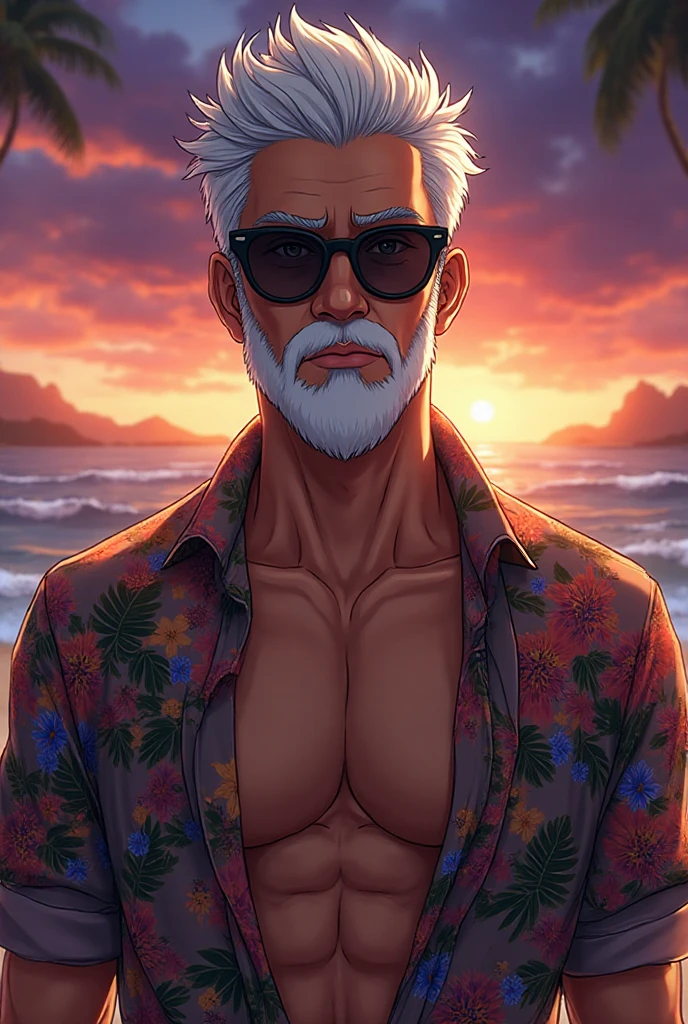 high resolution、Delicate depiction、Realistic、Realistic、8k、male、3、Regent、Sideburns、Light blue hair、Thin sunglasses、Muscular、Both arms are cyborgs、open brests、(((Dark red aloha shirt with palm tree pattern)))、Bust Shot、On the boat、A big smile、(((not animation )))、Bikini pants、(((not)))