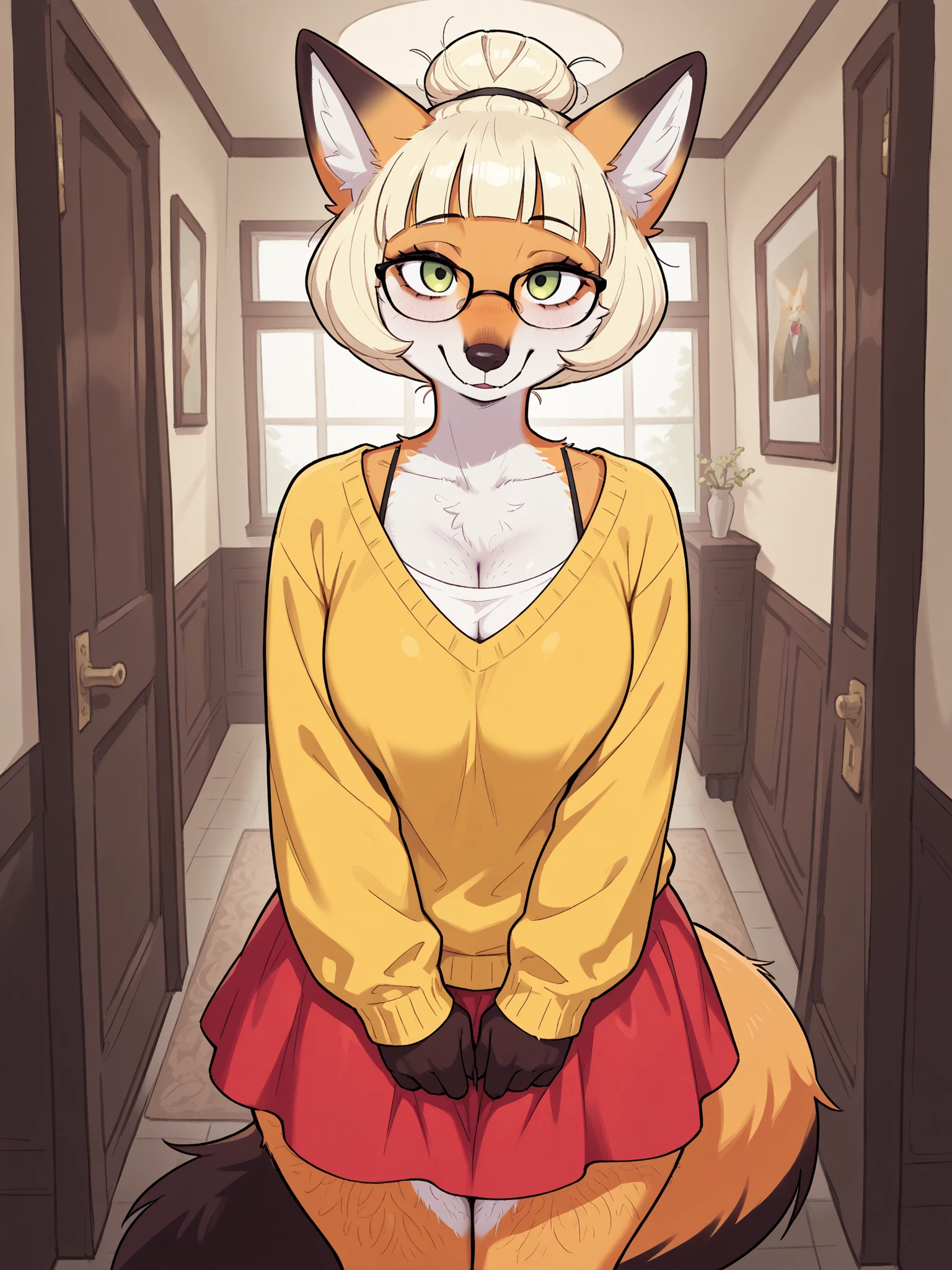 (masterpiece, Upper parts), incredible quality, muy estético, absurd, high resolution hairstyle, NEW , HDR-10, 8K, Cinematic, hairy, furry, professional photo, chica, (((hairy female fox with bun haircut:1.25))), ((( large red satin skirt, yellow jersey sweater and white shirt under The sweater:1))), Pechos grandes, (Small but curvy), glasses, blonde with bun haircut, green eyes, standing, front view, (((innocent expression))), (((neckline))), impressive grain, Mansion environment, visto de frente, It is observed, subsurface dispersion, translucent, brilliant, SSS, Small, atmospheric haze , Illustrations P0s , (super quality:1.2), hairy, very excited