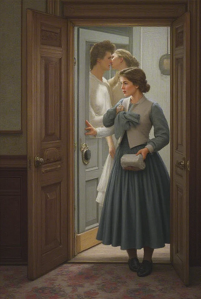 Frau_Poensgen, a very attractive busty voluptuous vibrant 60 year's old Caucasian woman with an huge ample ????? and auburn hair elegantly styled in a opulent updo wearing glasses, a tight grey turtleneck and burgundy leather pencil skirt that accentuates her generous hourglass shaped ample figure, paired with high heels, stands on her balcony. She's reaching the young blonde gardener with short hair wearing a white t-shirt and blue overalls a towel. by Jean Béraud, inspired by Jean Béraud, inspired by Édouard Detaille, edouard leon cortes, inspired by Ivan Kramskoi, inspired by Jean-Louis-Ernest Meissonier, by Édouard Detaille, inspired by Paul Émile Chabas
 