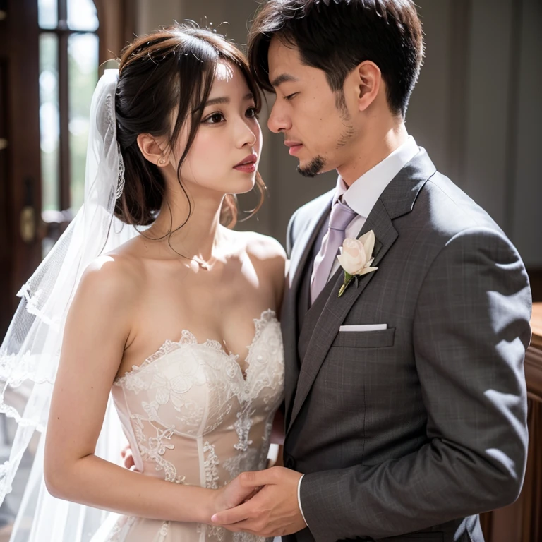 Fashion model 20 years old [[[[closeup cleavage]]]], [[[[boobgasm]]]], [[[[coll]]]], [[[[bshoulders]]]], perfect  eyes, Perfect iris，Perfect lips，perfect teeth，Perfect skin，Soft front light，hdr，A couple，wedding gown，Masculine man in suit，Gentle lady in wedding dress，The lady is a slender face，slender nose；（pastel colour：1.2）