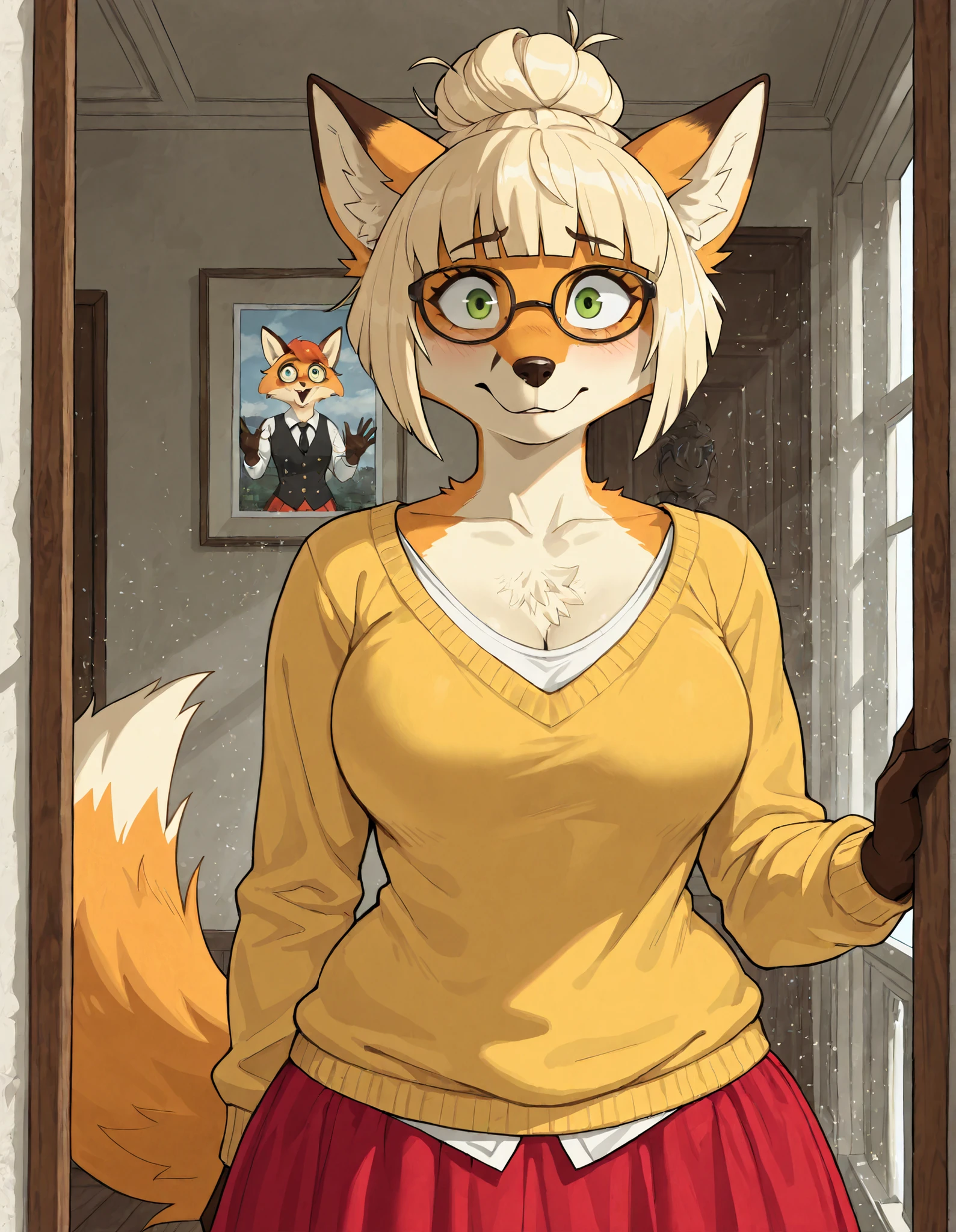 (masterpiece, Upper parts), incredible quality, muy estético, absurd, high resolution hairstyle, NEW , HDR-10, 8K, Cinematic, hairy, furry, professional photo, chica, (((hairy female fox with bun haircut:1.25))), ((( large red satin skirt, yellow jersey sweater and white shirt under The sweater:1))), Pechos grandes, (Small but curvy), glasses, blonde with bun haircut, green eyes, standing, front view, (((innocent expression))), (((neckline))), impressive grain, Mansion environment, visto de frente, It is observed, subsurface dispersion, translucent, brilliant, SSS, Small, atmospheric haze , Illustrations P0s  , (super quality:1.2),  hairy, very excited