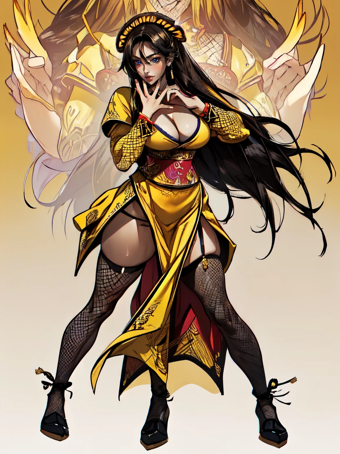 (((no background))), attractive woman, a woman from the Three Kingdoms period, dark hair, Big breasts, ((revealing costume)), Solo, Three Kingdoms costume , ((black eyes)), (((Harmonious hands))), (((full body))), (((Solo))), ((fishnet stockings)), (((natural gaze))), (((natural hands))), (cowboy shot:1.3), (((Woman in a yellow costume )))