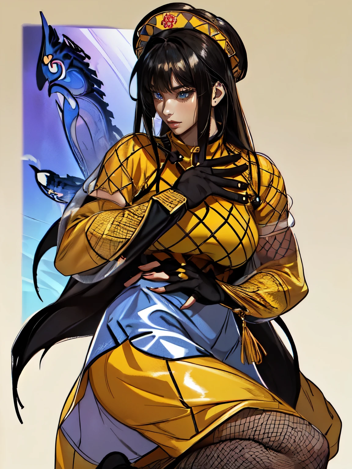 (((no background))), attractive woman, a woman from the Three Kingdoms period, dark hair, Big breasts, ((revealing costume)), Solo, Three Kingdoms costume , ((black eyes)), (((Harmonious hands))), (((full body))), (((Solo))), ((fishnet stockings)), (((natural gaze))), (((natural hands))), (cowboy shot:1.3), (((Woman in a yellow costume )))