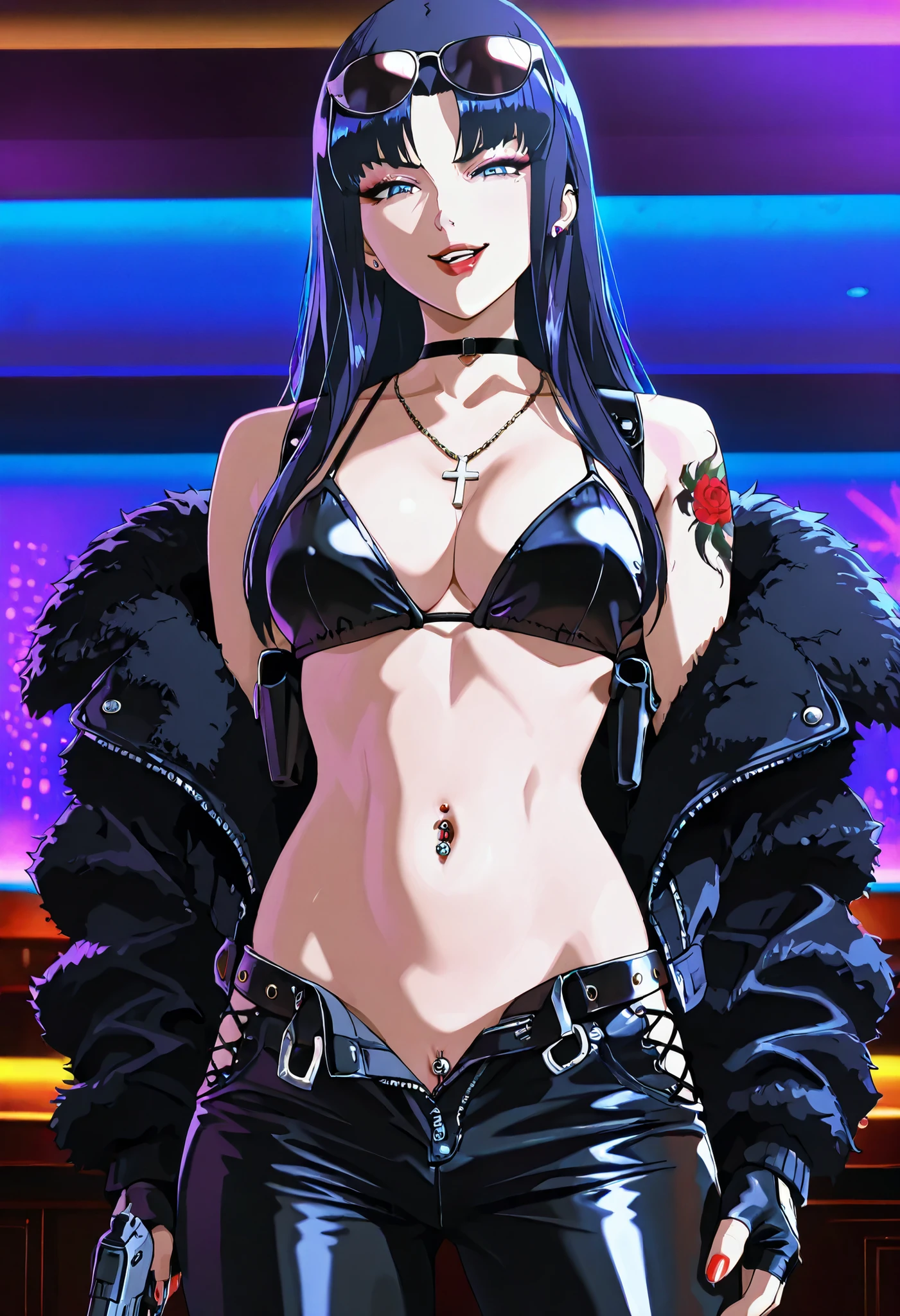 ,(1 girl),(solo), Hayama Reika \(Augmented Face\),Blue Eyes,dark haired,long hair at Boro-Yado,Queen,,1girl, Lashes, face, lips, makeup, Colorful Hair, parted lips, red lips, solo, straight hair, lipstick, nail polish, ear piercing, long hair, lipstick,Hot girl, baddie, smoking, sensual, attractive ,cross necklace, choker, hotel, bar background, inside bar ,indoors, , casino, , fur jacket ,  shoulders , white fur , , , leather pants , dark brown , fur , side inserts , belt , weapon holder , weapon , fingerless gloves , leather , forearms , sword , short , strapped , belt , cowboy shot , masterpiece , best quality , highly detailed , a girls with a gun , evil smile , open mouth ,  gaze , badass pose , evil smile , smile , ()  , guns blazing , anime girl with long hair , beautiful long haired girl , navel , evil expression , exposed belly , exposed navel , exposed midriff , exposed lower belly , long black pants , cleavage , unbuttoned leather pants , open fly , low rise black leather pants , leather jacket , holding a gun , holding pistol , unbuttoned shirt , collared shirt , knot , pull_down leather pants , (show off panties , :1 . 2 , no panties) , pull_down long black pants , pull_down black leather pants , zip up leather jacket ,  top , navel piercing , cross-laced slit , tongue piercing , tongue out , open mouth ,  ,, , shoulder holster,, sunglasses on head,  ,dragon tattoo on waist, narrowed eyes, tattoo on waist, anipai_style , anime screencap , anime coloring,, v-shape eyebrows,,