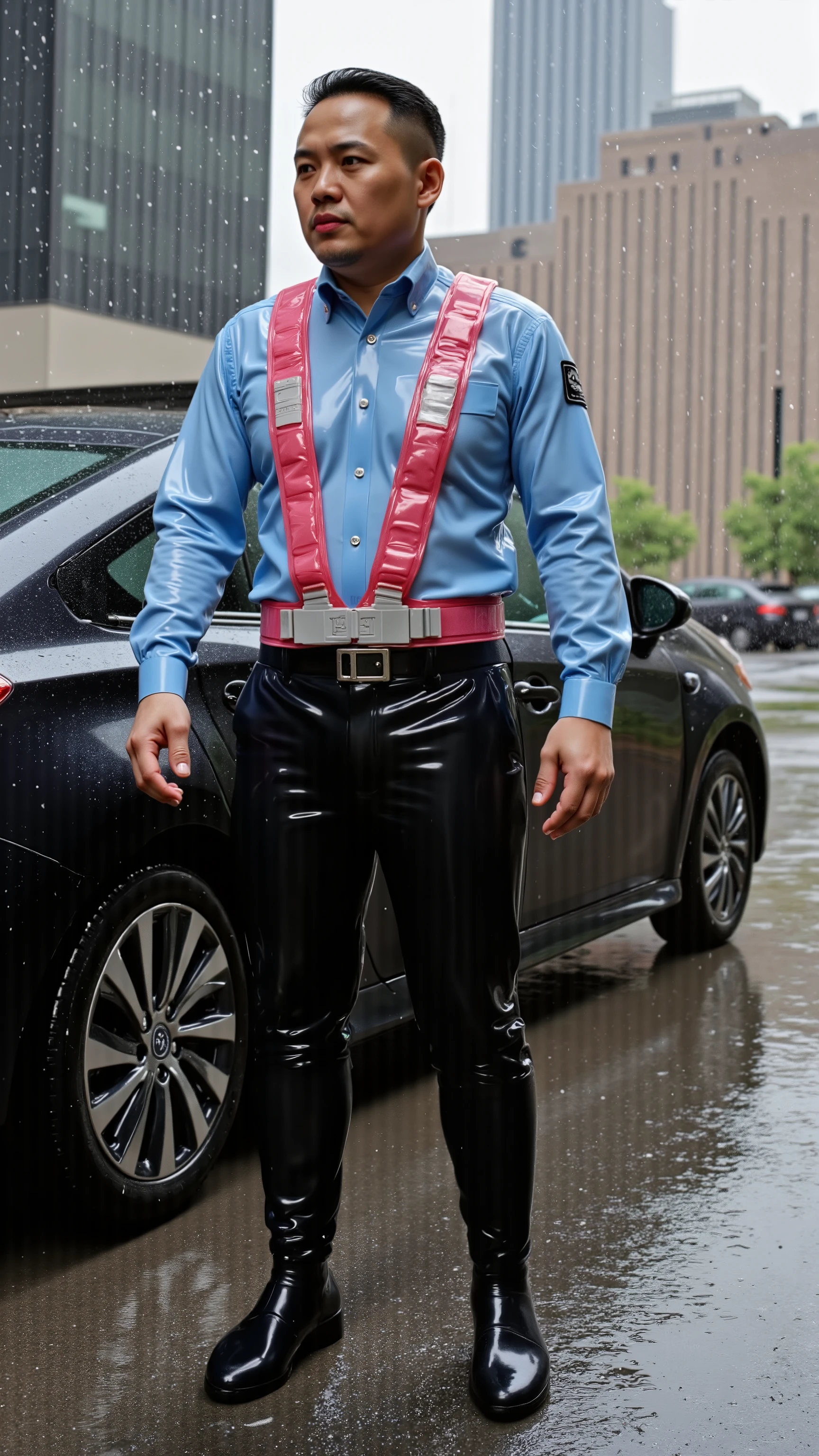 3d photograph, a woman wearing a blue and white police uniform, wearing a pink and red high visibility Asian patrol vest, 70% translucent at shoulders, wearing a black latex skirt, wearing a heavy red utility belt made of shiny leather, wearing polished black boots, standing in a rain storm, in Chicago near the Sears Tower, next to a black and green Toyota Prius