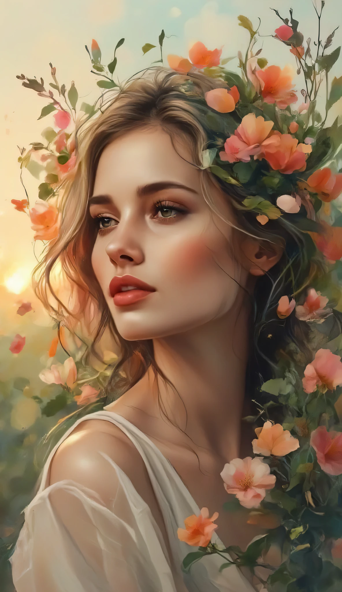 A serene portrait of a young woman with a soft bob haircut, surrounded by vibrant, impressionistic colors and blooming flowers, capturing the warm glow of a sunset in the background.