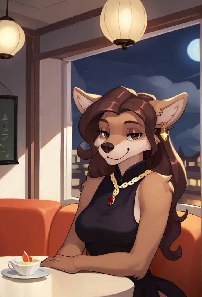 [Ivy Pepper], [Lackadaisy], [Uploaded to e621.net; (Pixelsketcher), (wamudraws)}, ((masterpiece)), ((HD)), ((high res)), ((solo portrait)), ((full body)), ((back view)), ((furry; anthro)), ((detailed fur)), ((detailed shading)), ((beautiful render art)), ((intricate details)), {anthro cat; brown fur, black nose, (whiskers), (long cat tail), (cute yellow eyes), (short eyelashes), short brown hair, curly ponytail, (curvy hips), (beautiful legs), (blushing), (cute grin), (excited expression)}, {(yellow open-back sleeveless dress showing her  ass)}, {(standing), (looking back at viewer)}, [background; (bar), (barista bar), (window), (nighttime), (starry sky), (full moon), (ambient lighting)]