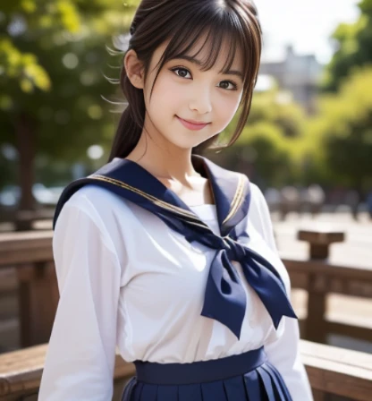 Glasses, Sailor uniform, Smiling, Short skirt, Sitting next to each other, Talking together, Short sleeves, Some of her breasts are visible, Very large breasts, Thick arms, Wearing a hat, White sailor uniform