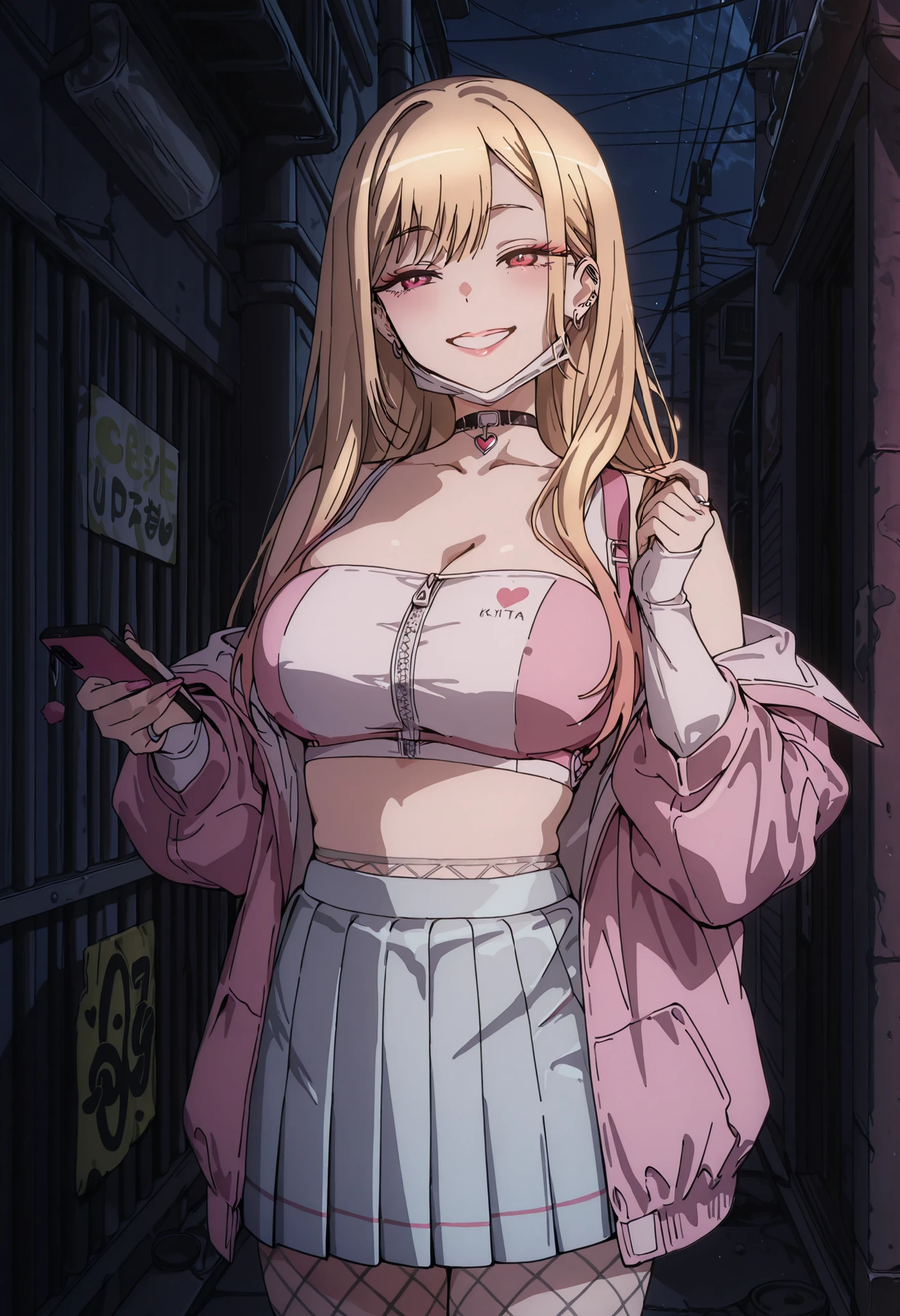 Score_9, score_8_up, score_7_up, source_anime, Marin Kitagawa, 1girl, solo, blonde hair, long hair, multicolored hair, red eyes, earrings, ear piercing, large breasts, (best quality), (high quality), {masterpiece}, extremely delicate and beautiful, ultra-detailed, beautiful detailed eyes, Viper_Cosplay, open clothes, choker, crop top, fishnets, white pleated skirt, pink jacket, cellphone, holding cellphone, backalley, night, white mask, mask pull, pink lips, smile, teeth, standing