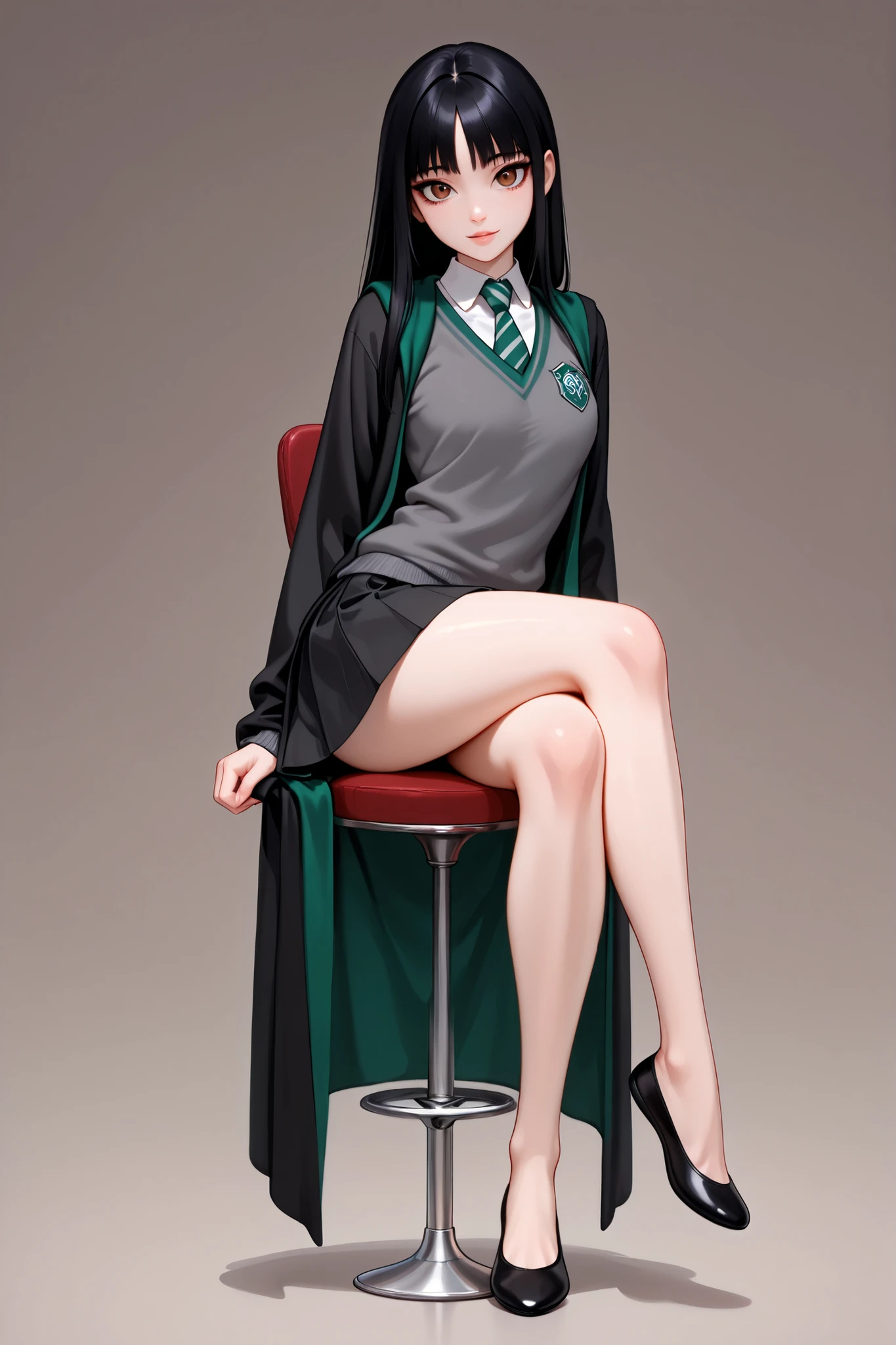 score_9, score_8_up, score_7_up, best quality, masterpiece, 4k resolution, 1girl, solo, youthful, beautiful, full body, long hair, pitch black hair, brown eyes, sharp eyes, looking at viewer, straight hair, straight bangs, elegant posture, bare legs, smooth body, clean skin, hogwarts uniform, slytherin, black robe, necktie, striped necktie, collared shirt, sweater, pleated skirt, grey sweater, flats, ballet shoes, black shoes, sitting posture, legs crossed, levitating, thinking posture, vibrant expression, cool expression, polished digital painting style,