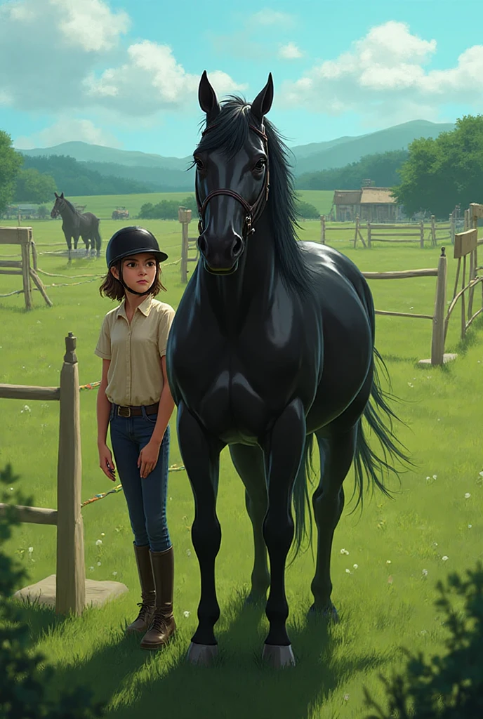 full side view of a big fat Clydesdale horse  mare with a massive bum and a very short tail. horse facing horizon .  very full figured very dark skinned   African woman riding horse. flat grass meadow. looking to horizon . a  single huge  pile of steaming horse dung on the ground behind horse.   cloudless blue sky. 