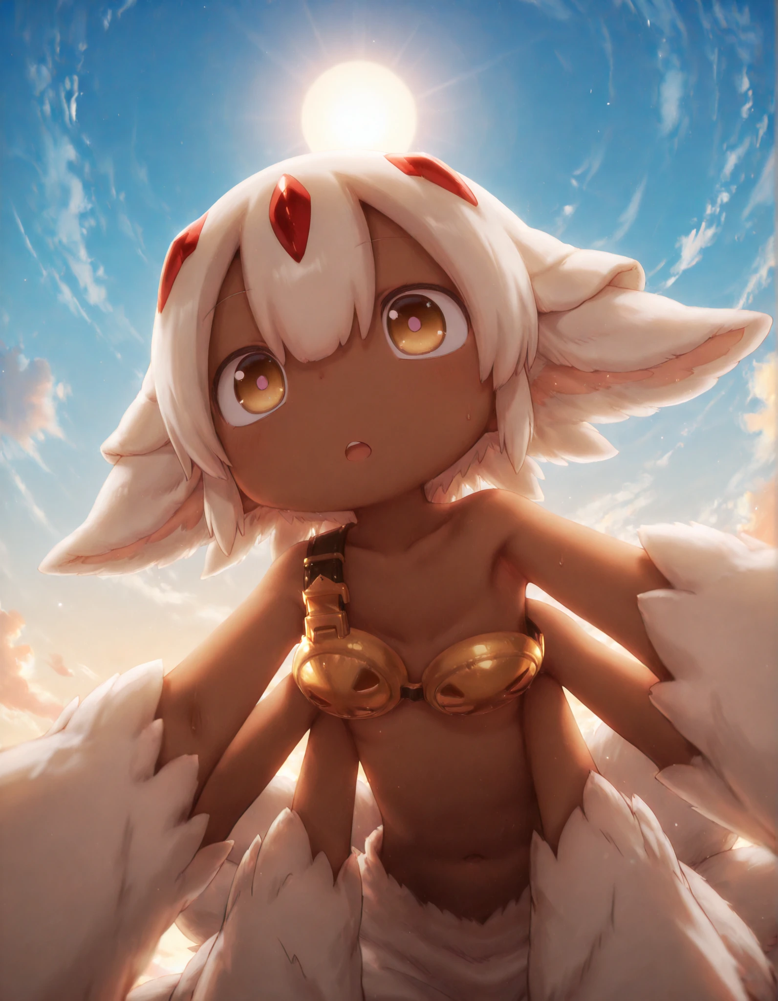 masterpiece, best quality, very aesthetic, sharp focus, depth of field, ambient occlusion, backlighting, (akihito tsukushi:0.6), (tsukushi akihito:0.6), solo, newest , anime coloring,
1girl, solo, Faputa, large eyes, extra arms, 4 arms, fluffy fur, multiple tails, navel, armpit, (sweat:0.75), low angle, woman on top, foreshortening, leaning over viewer, close-up, curious expression, :o, small mouth, excited,
sky, clouds, sun, scenery,