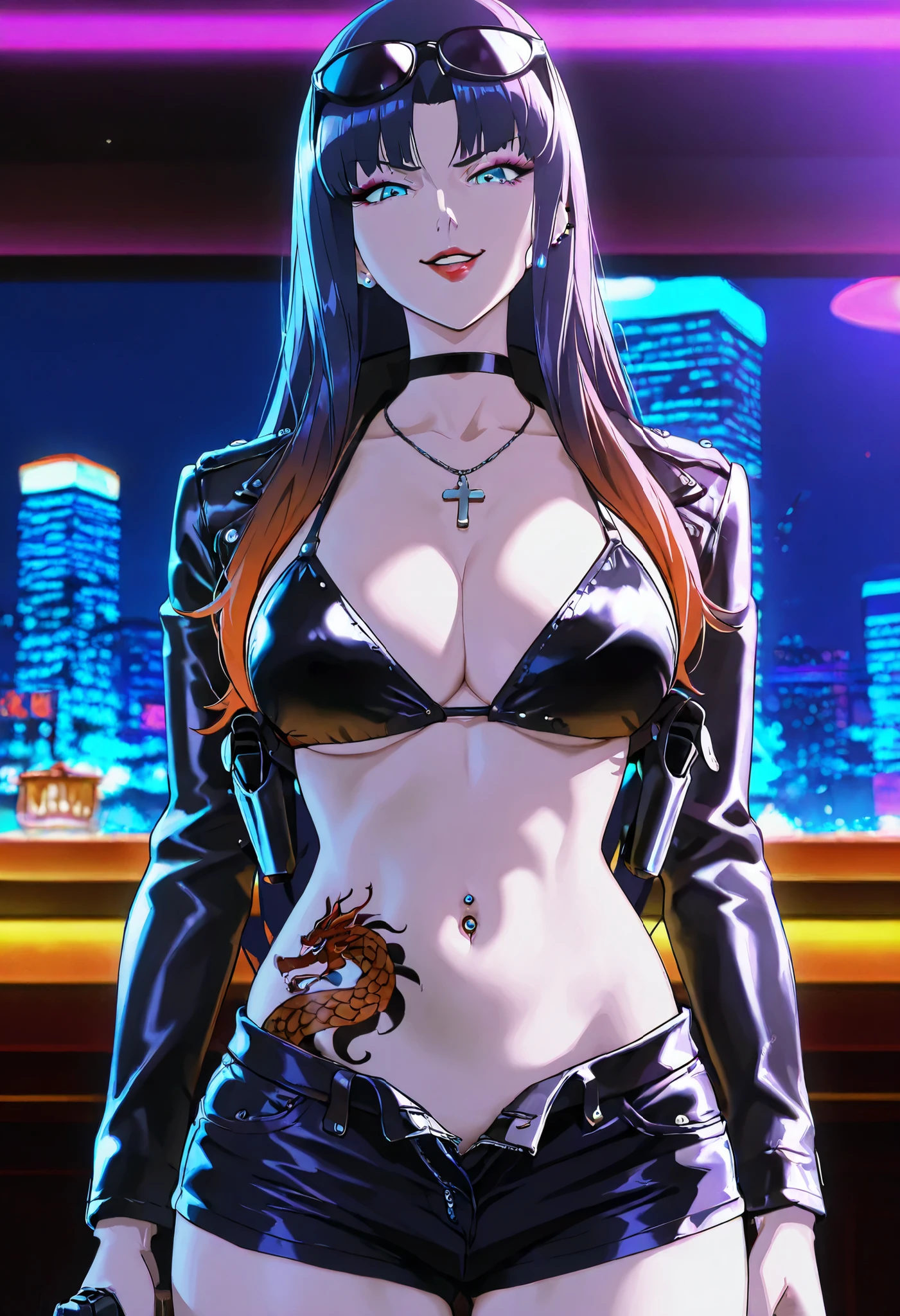 ,(1 girl),(solo), Hayama Reika \(Augmented Face\),Blue Eyes,dark haired,long hair at Boro-Yado,Queen,,1girl, Lashes, face, lips, makeup, Colorful Hair, parted lips, red lips, solo, straight hair, lipstick, nail polish, ear piercing, long hair, lipstick,Hot girl, baddie, smoking, sensual, attractive ,cross necklace, choker, ,bar background, inside bar, indoors, cityscape, casino, nightclub, city lights,, masterpiece , best quality , highly detailed , a girls with a gun , evil smile , open mouth , gaze , badass pose , evil smile , smile , () , guns blazing , anime girl with long hair , beautiful long haired girl , navel , evil expression , exposed belly , exposed navel , exposed midriff , exposed lower belly , , cleavage , unbuttoned shorts , open fly , shorts , short shorts ,, leather jacket , holding a gun , holding pistol , unbuttoned shirt , collared shirt , knot , pull_down shorts , black short shorts , (show off panties , :1 . 2 , no panties) , zip up leather jacket , top ,,, navel piercing, sunglasses on head,,, shoulder holster, medium , waist dragon tattoo, narrowed eyes, tattoo waist, , anime screencap , anime coloring, looking at viewer , v-shaped eyebrows,