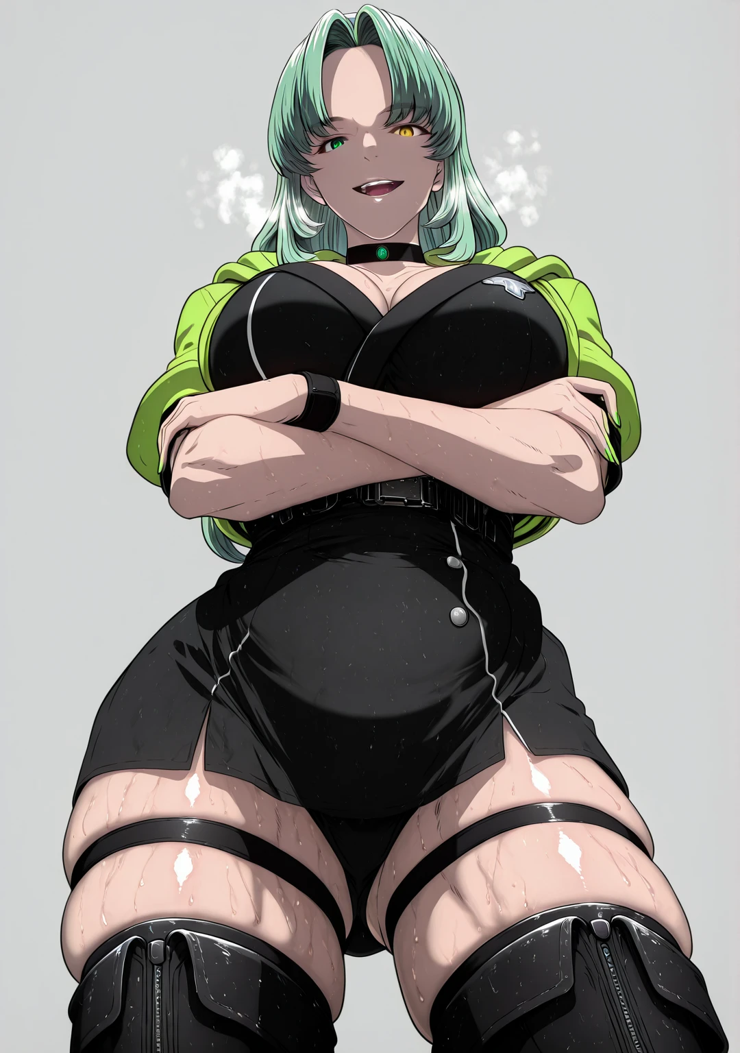 Babu-style, Hgk, (butcha-u-style:1.2), (packge-style), (imizu_(nitro_unknown)-style:1.4), (gin_moku-style:1.2), (takeuchi_takashi-style:1.3), (anime coloring, anime screencap), shiny skin, (voluptuous body:1.4), (mature female:1.4), (cellulite:1.3), ((anatomical correct)), ((Cinematic, unreal engine, eye-catching, ambient occlusion, UHD, masterpiece)), ((perfect lighting, soft shadow)), perfect body, perfect eyes, perfect fingers, gasping, heavy breathing, gasping profusely, (()), ((curvy)), long hair, green hair, parted bangs, forehead, yellow eyes, green eyes, heterochromia, , plump, ((vignetting)), 1girl, solo, , crossed_arms, looking_at_viewer, thighs, choker, thigh_strap, smile, teeth, open_mouth, from_below, black_choker, cowboy_shot, nail_polish, grey_background, simple_background, , alternate_costume, BREAK, cosplay, official_alternate_costume, white mage clothing, thighs, thigh high boots, short green cowl,
