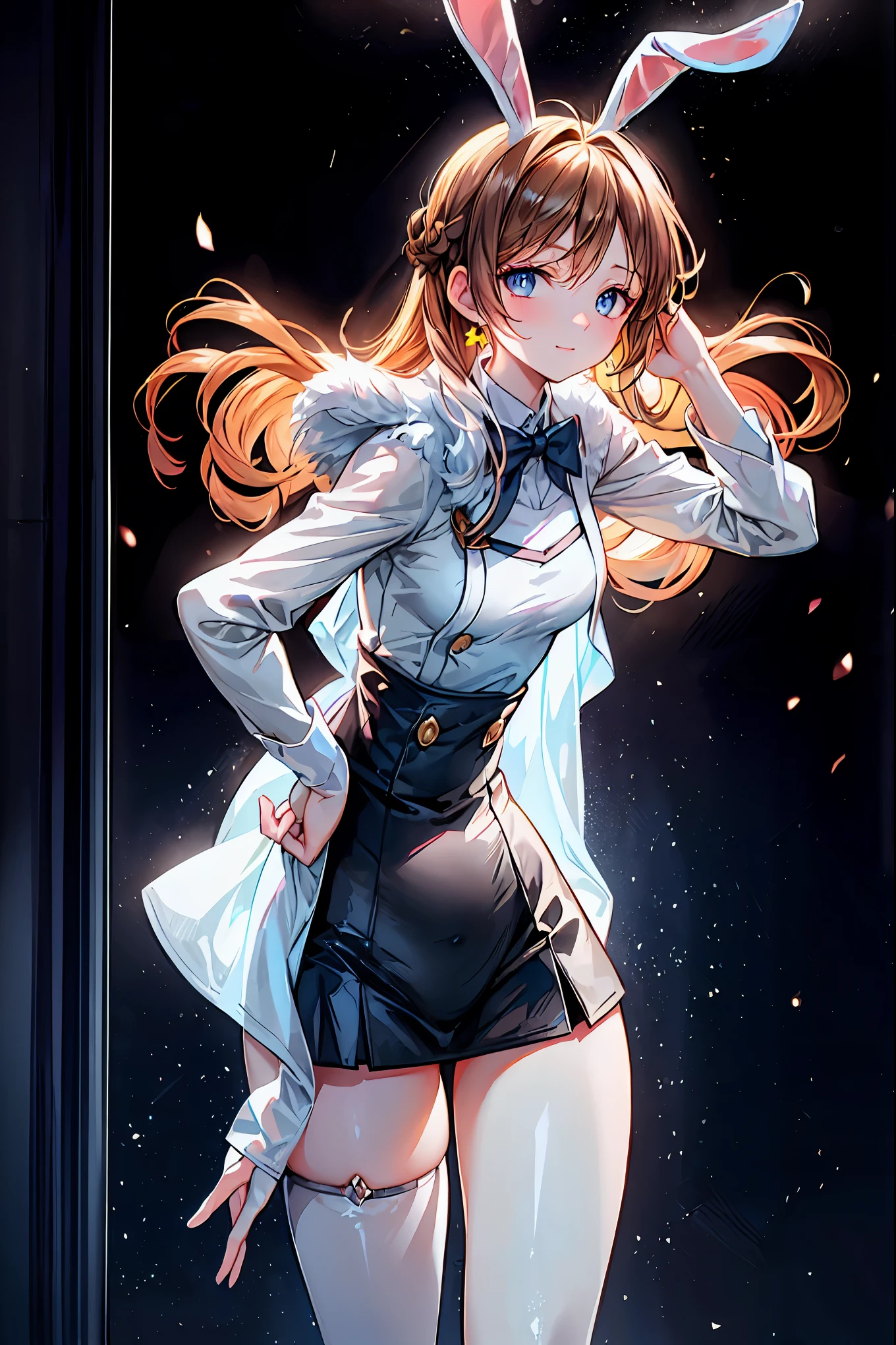 Bunny Girl at the Tavern,Under the Shiny Neon Lights,Bunny Girls Listen to the Hearts of Customers,Selling Escapist for a Moment,Attractive Poses,Rich Proportions,plump curves,beautiful face,Glossy Hair,Glittering Costumes,brown hair，shortcut，unkempt hair，Short braided hair，Neat，slender beauty，correct posture，small breasted，Beautiful legs，Enchanting Gray-Blue Eyes Shine Like Stars，Saggy Eyes，Brilliant Colors,beautiful eyes,A delicate smile,Textured Skin,Best quality at its best,gentle and beautiful woman,anime style､Bewitching Expression,Bold action,Night Atmosphere,Realistic CG Art,dramatic lighting,Dense Gradation,Striking colours,HIGH QUALITY,8K,Photorealistic,Realistic,Professional skills,Refined Textures,Brilliant Colors彩,bokeh,Dark and Enchanting