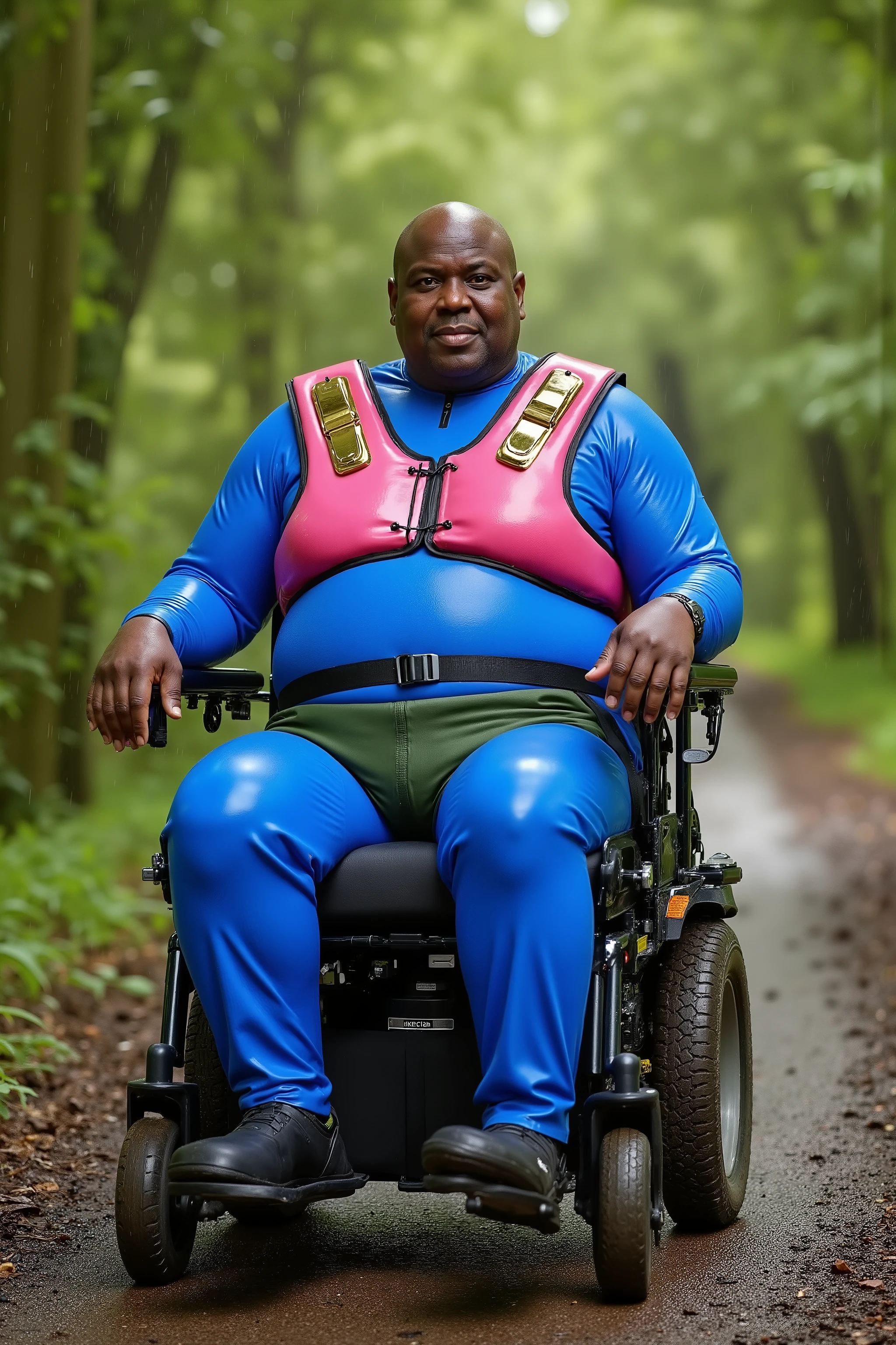 A gigantic massively obese black man, weighing 800 pounds, grotesque obesity, 80 years old, wrinkled fat and ugly, wearing a bright blue rubber catsuit, wearing a shiny thick heavy pink rubber chest harness that has gold buckles and is tight fitting, wearing a green neoprene hip belt, sitting in a powered wheelchair on a muddy path in a forest during a sunny rain shower