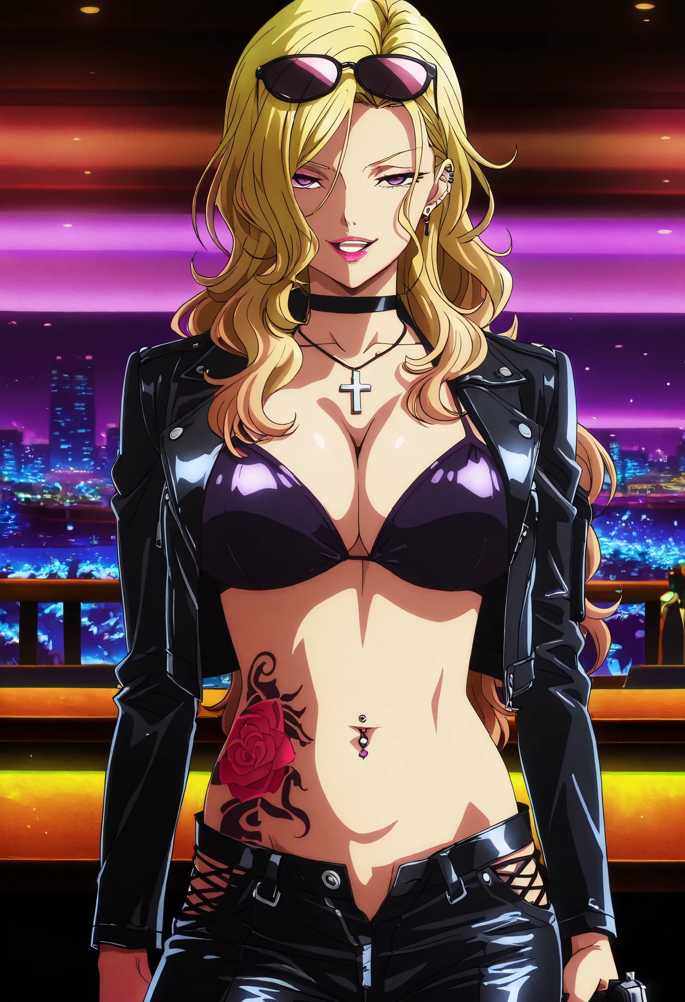 (1 girl),(solo), Rui \( Okusama no Kaifuku Jutsu\), blonde hair, long hair, purple eyes, lips, lipstick, makeup,mature,sexy, (anime coloring, anime screencap:1.2), 1girl,,, solo,, lipstick, nail polish, ear piercing, long hair, , lipstick, Hot girl, baddie, smoking, sensual, attractive ,choker, ,cross necklace, ,bar background, inside bar, indoors, cityscape, casino, nightclub, city lights,, masterpiece, best quality, highly detailed, a girls with a gun, evil smile , open mouth, gaze, badass pose , evil smile, smile, () , guns blazing, anime girl with long hair, beautiful long haired girl, navel, evil expression, exposed belly, exposed navel, exposed midriff, exposed lower belly, long black pants, cleavage, unbuttoned leather pants ,open fly, low rise black leather pants, leather jacket, holding a gun, holding pistol ,unbuttoned shirt, collared shirt, knot, pull_down leather pants,(show off panties,:1.2, no panties), pull_down long black pants, pull_down black leather pants, zip up leather jacket,bikini top, navel piercing, cross-laced slit,, sunglasses on head,,, shoulder holster, medium , waist dragon tattoo, narrowed eyes, tattoo waist, , anime screencap , anime coloring, looking at viewer , v-shaped eyebrows,