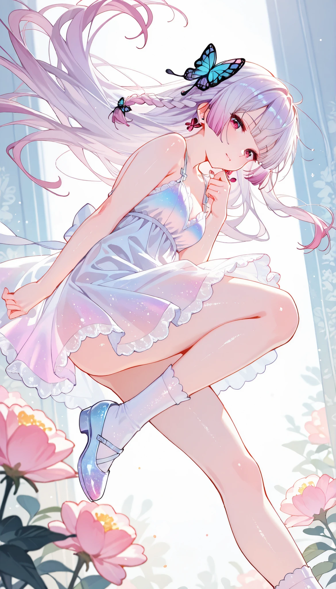 Best Quality, ultra detailed, masterpiece, 8k, 16k, Wallpaper, Anatomically correct, fine detailed skin, fine detailed eyes, fine detailed hair, fine detailed hands, Accurate hands, back lighting, transmitted light, 1 girl, solo, (maroon eyes), (pink long hair), (light purple gradient highlights at the end), (hime cut), sidelocks, One thin braid, butterfly earrings, butterfly hair accessories, naughty face, (Wearing a transparent dress:1.4), very cute designer transparent dress, lots of frills and lace, underwear is visible through her transparent dress, socks, shoes, floating, dynamic pose, detailed background, sophisticated look, very aesthetic, rich lighting, colorful, flowers in the background, transparent-watercolor, full body shot, Colorful light particles, Depth of Field, bokeh, moya, lens flare, film reflections, distortion, glitter effect,