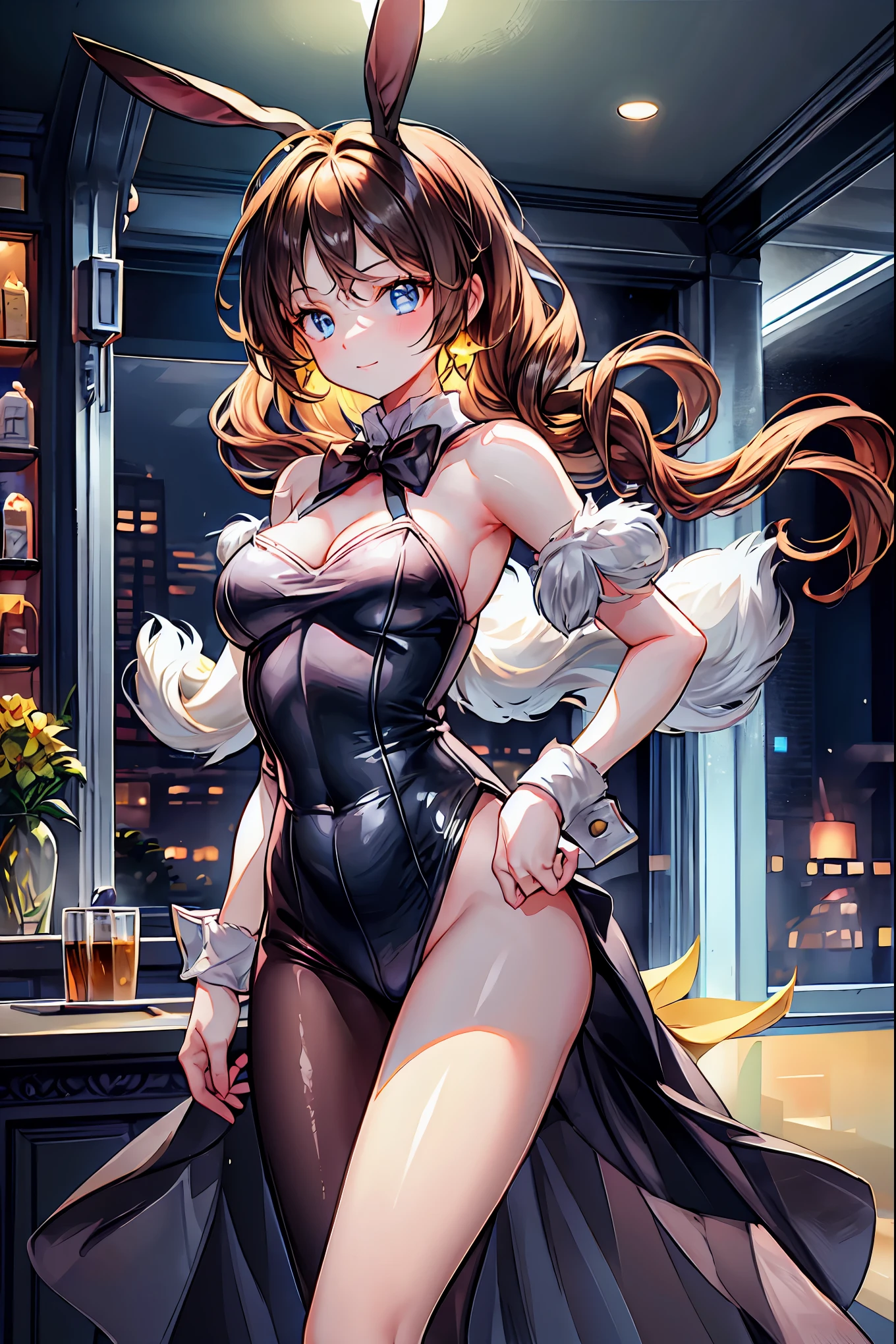 Bunny Girl at the Tavern,Under the Shiny Neon Lights,Bunny Girls Listen to the Hearts of Customers,Selling Escapist for a Moment,Attractive Poses,Rich Proportions,plump curves,beautiful face,Glossy Hair,Glittering Costumes,brown hair,shortcut,unkempt hair,Short braided hair,Neat,slender beauty,correct posture,small breasted,Beautiful legs,Enchanting Gray-Blue Eyes Shine Like Stars,Saggy Eyes,Brilliant Colors,beautiful eyes,A delicate smile,Textured Skin,Best quality at its best,gentle and beautiful woman,anime style、Bewitching Expression,Bold action,Night Atmosphere,Realistic CG Art,dramatic lighting,Dense Gradation,Striking colours,HIGH QUALITY,8K,Photorealistic,Realistic,Professional skills,Refined Textures,Brilliant Colors彩,bokeh,Dark and Enchanting