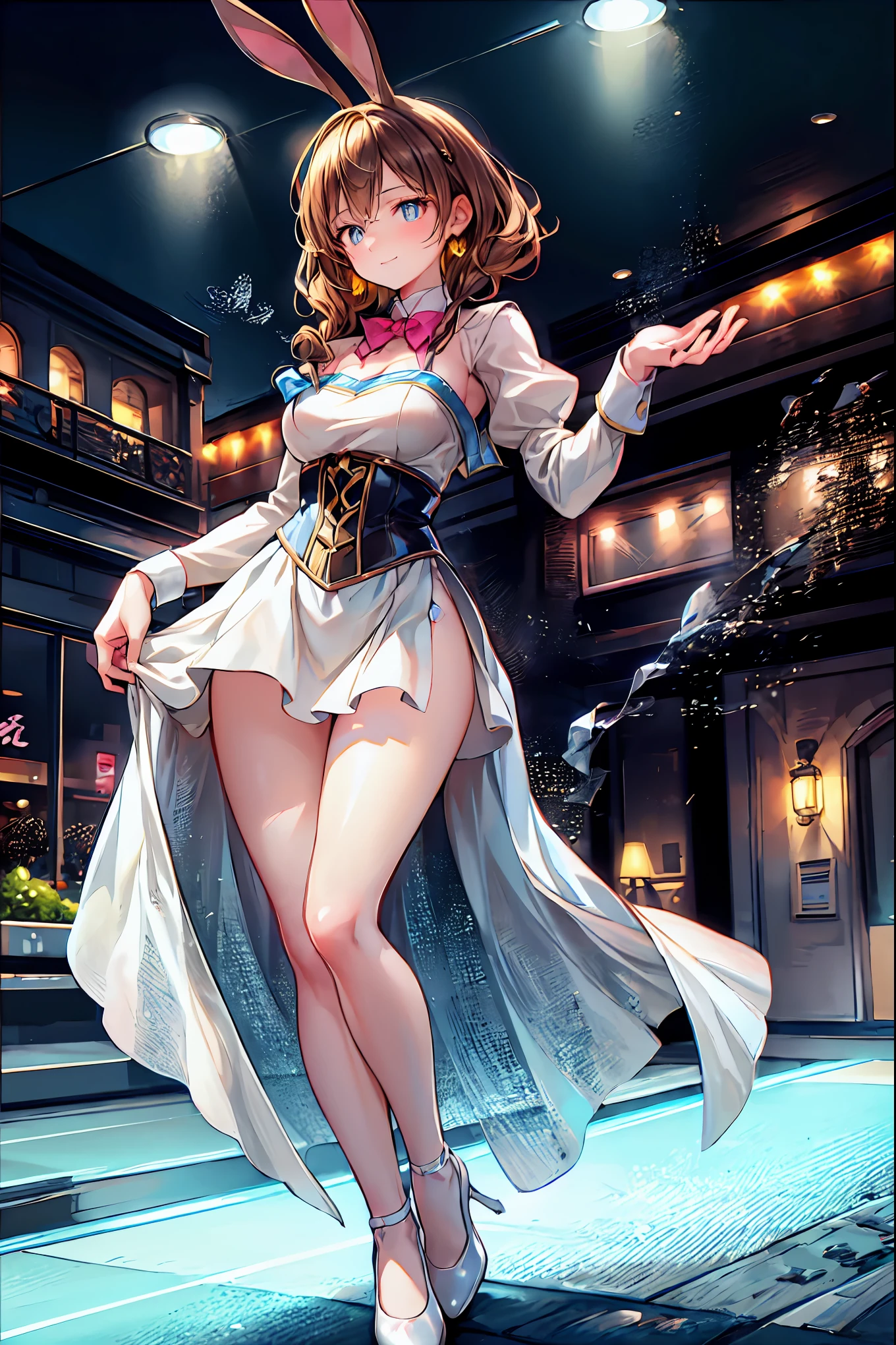 Bunny Girl at the Tavern,Under the Shiny Neon Lights,Bunny Girls Listen to the Hearts of Customers,Selling Escapist for a Moment,Attractive Poses,Rich Proportions,plump curves,beautiful face,Glossy Hair,Glittering Costumes,brown hair,shortcut,unkempt hair,Short braided hair,Neat,slender beauty,correct posture,small breasted,Beautiful legs,Enchanting Gray-Blue Eyes Shine Like Stars,Saggy Eyes,Brilliant Colors,beautiful eyes,A delicate smile,Textured Skin,Best quality at its best,gentle and beautiful woman,anime style、Bewitching Expression,Bold action,Night Atmosphere,Realistic CG Art,dramatic lighting,Dense Gradation,Striking colours,HIGH QUALITY,8K,Photorealistic,Realistic,Professional skills,Refined Textures,Brilliant Colors彩,bokeh,Dark and Enchanting