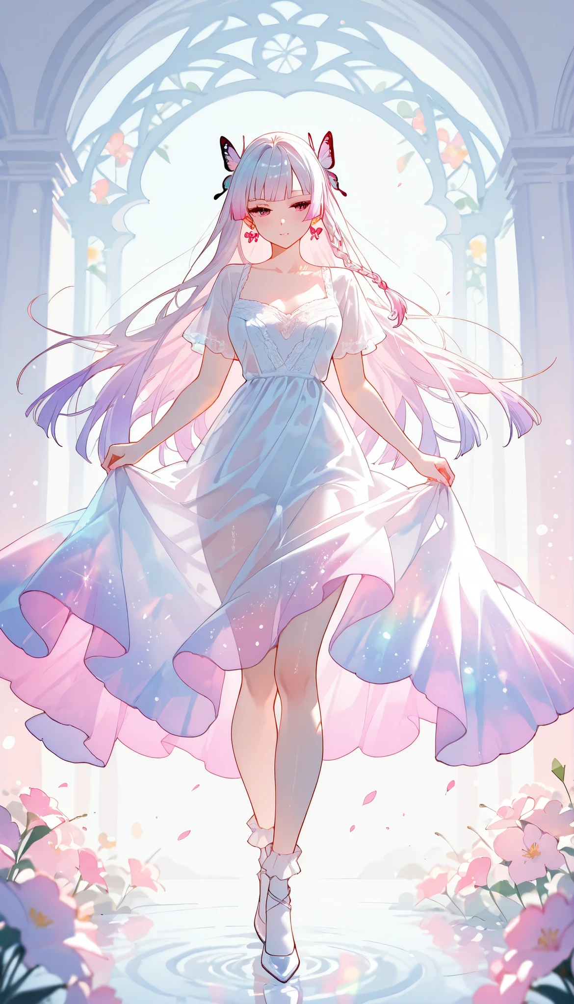 Best Quality, ultra detailed, masterpiece, 8k, 16k, Wallpaper, Anatomically correct, fine detailed skin, fine detailed eyes, fine detailed hair, fine detailed hands, Accurate hands, back lighting, transmitted light, 1 girl, solo, (maroon eyes), (pink long hair), (light purple gradient highlights at the end), (hime cut), sidelocks, One thin braid, butterfly earrings, butterfly hair accessories, naughty face, (Wearing a transparent dress:1.4), very cute designer transparent dress, lots of frills and lace, underwear is visible through her transparent dress, socks, shoes, floating, dynamic pose, detailed background, sophisticated look, very aesthetic, rich lighting, colorful, flowers in the background, transparent-watercolor, full body shot, Colorful light particles, Depth of Field, bokeh, moya, lens flare, film reflections, distortion, glitter effect,