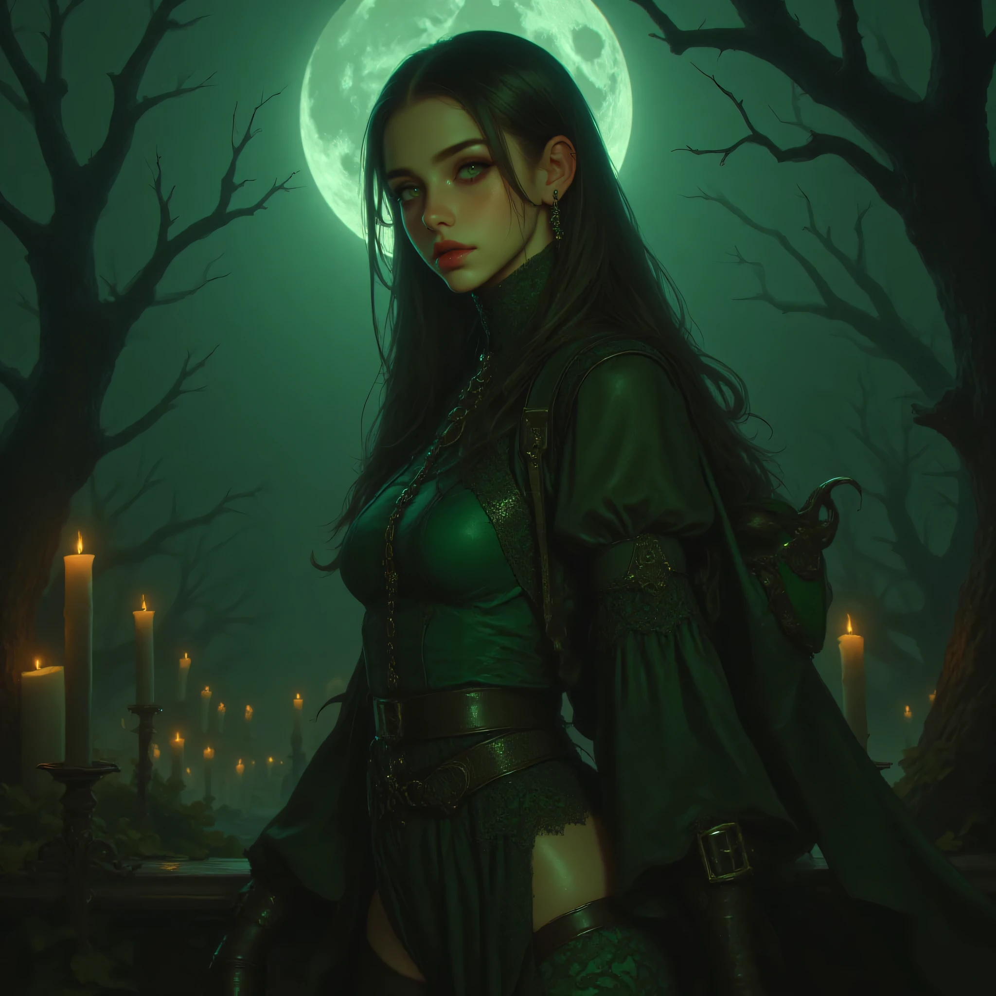 alluring, one hand resting gracefully on her hip, the other softly lifted, showing delicate, perfectly shaped fingers and elegant hand posture.
Her emerald green eyes are bright, sharp, and full of mystery — realistic, symmetrical, and expressive under the soft glow of the full moon. Her enchanting smile reveals perfect white teeth. The scene is surrounded by flickering candles, subtle mist, and twisted tree silhouettes, creating a magical, cinematic atmosphere with high detail and dramatic lighting.
ultra-realistic, photorealistic, cinematic lighting, high-resolution, detailed skin texture, perfect anatomy, elegant composition, gothic fantasy style, realistic eyes and hands, fine lace details, sharp focus, masterpiece, 8K quality.
Negative prompt (blurry eyes, deformed eyes, asymmetrical eyes, extra eyes, wrong eye color, missing pupils, distorted pupils, low detail eyes, poor hand anatomy, extra fingers, missing fingers, fused fingers, deformed hands, wrong hand position, blurry hands, low quality hands, unnatural finger pose, distorted body, broken limbs, unrealistic proportions, duplicate body parts, bad anatomy, low contrast, pixelated, noise, watermark, text, logo, signature, cropped body, cartoonish, bad lighting, oversaturated, low detail, out of focus)