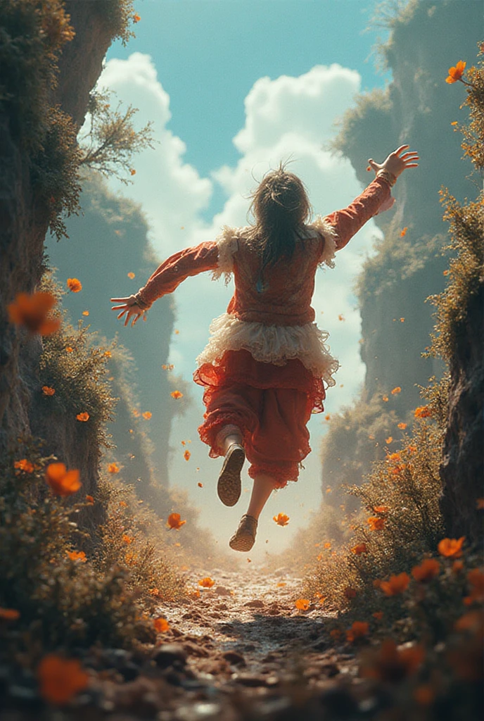 A woman in red gown running over a huge chess board placed in a field of carrots, surrounding birds flying and butterflies, (HDR quality 4k, 8k, high quality)