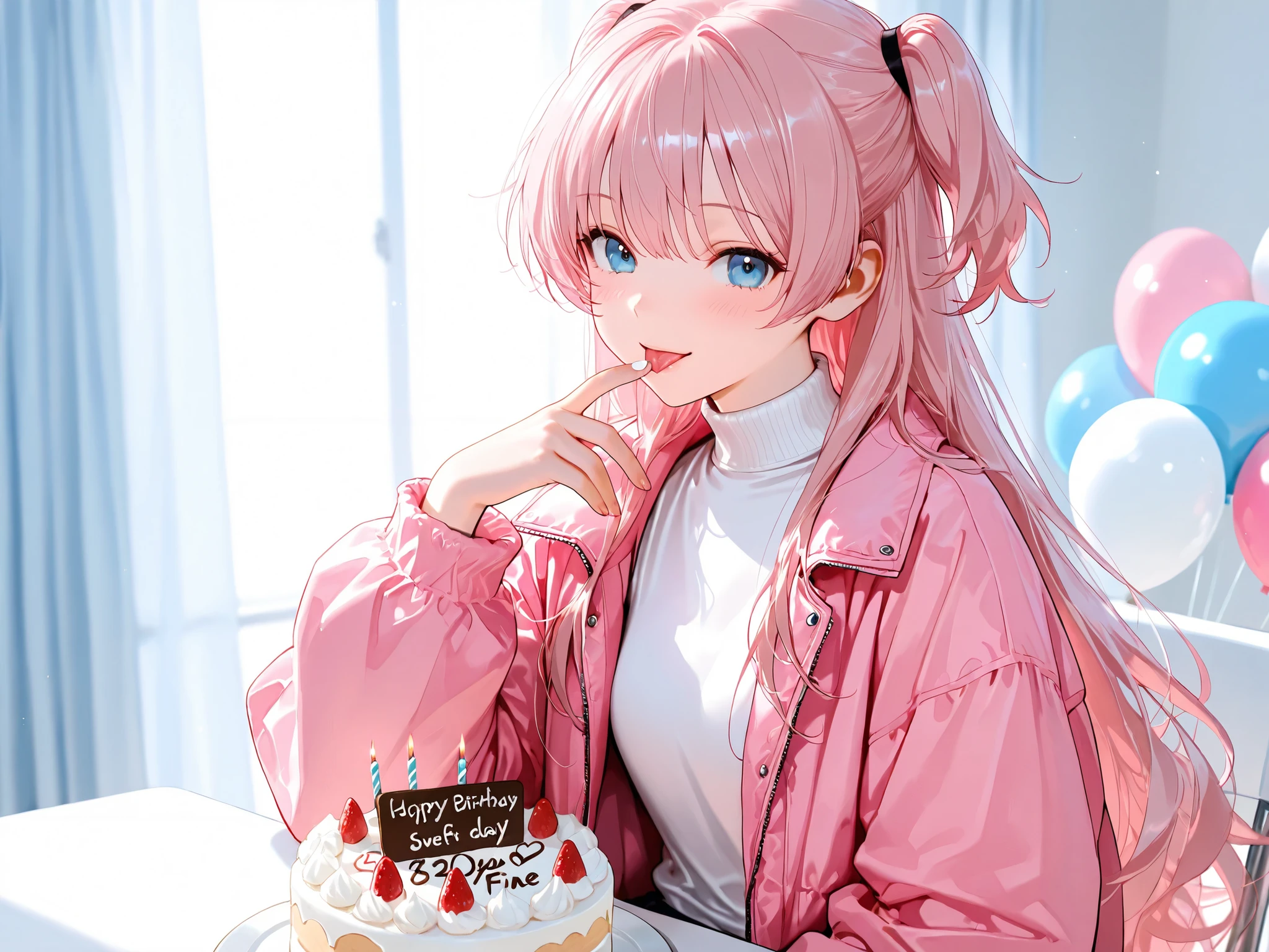 High Quality、Ultra High Resolution、(High Fine:1.4)、Masterpiece、8K、blurry background、young beautiful woman、party room with balloons, very long hair, pink hair, half up hair, two side up hair, blue eyes, birthday celebration, happy expression, cute, 可愛い, white turtleneck, over size jacket, slacks, sitting, finger dipped in cake cream, bringing it close to lips),
(small piece of cake in front),
licking cream from finger, sweet atmosphere, soft lighting