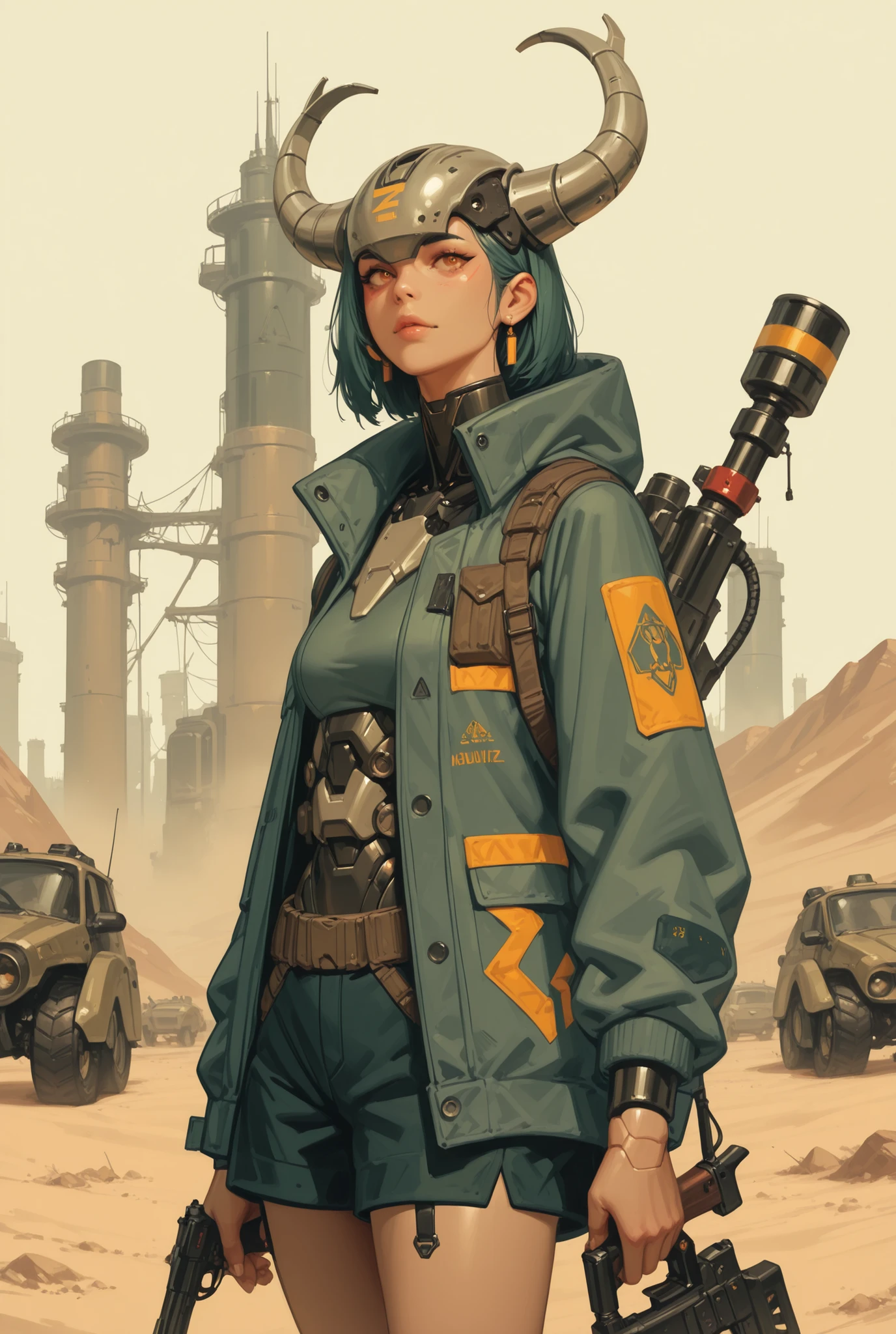 rimixa,commix,realistic,anime girl with a gun and a helmet on standing in a desert, artwork in the style of guweiz, mechanized soldier girl, digital cyberpunk anime art, postapocalyptic vibes, infantry girl, inspired by Josan Gonzalez, mighty princess of the wasteland, guweiz, wojtek fus, guweiz on artstation pixiv, anime style illustration