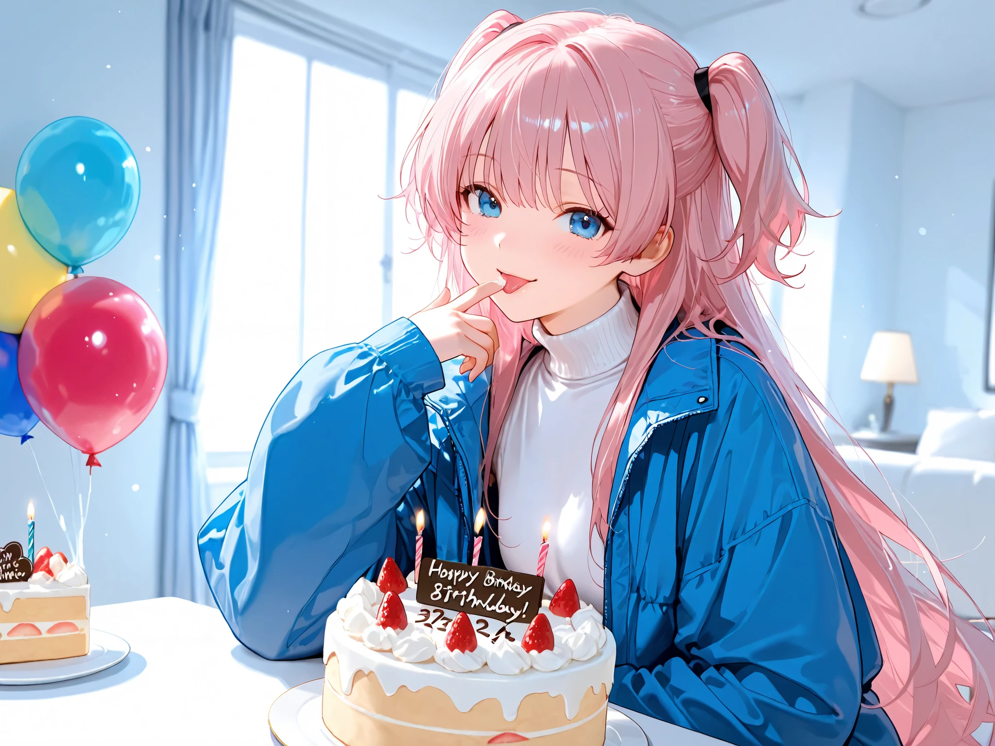 High Quality、Ultra High Resolution、(High Fine:1.4)、Masterpiece、8K、blurry background、young beautiful woman、party room with balloons, very long hair, pink hair, half up hair, two side up hair, blue eyes, birthday celebration, happy expression, cute, 可愛い, white turtleneck, over size jacket, slacks, sitting, finger dipped in cake cream, bringing it close to lips),
(small piece of cake in front),
licking cream from finger, sweet atmosphere, soft lighting