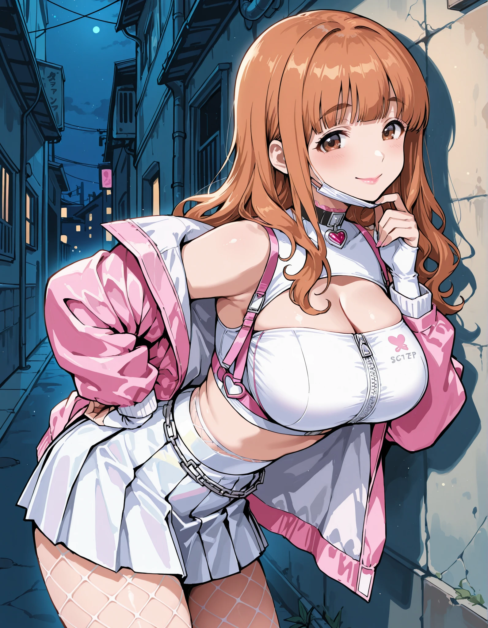 Score_9, score_8_up, score_7_up, source_anime, takebe saori, solo, blunt bangs, wavy hair, long hair, orange hair, brown eyes, large breasts, (best quality), (high quality), {masterpiece}, extremely delicate and beautiful, ultra-detailed, beautiful detailed eyes, Viper_Cosplay, open clothes, choker, crop top, fishnets, white pleated skirt, pink jacket, backalley, night, from side, looking at viewer, white mask, mask pull, pink lips, smile, closed mouth, one hand on hip, leaning forward