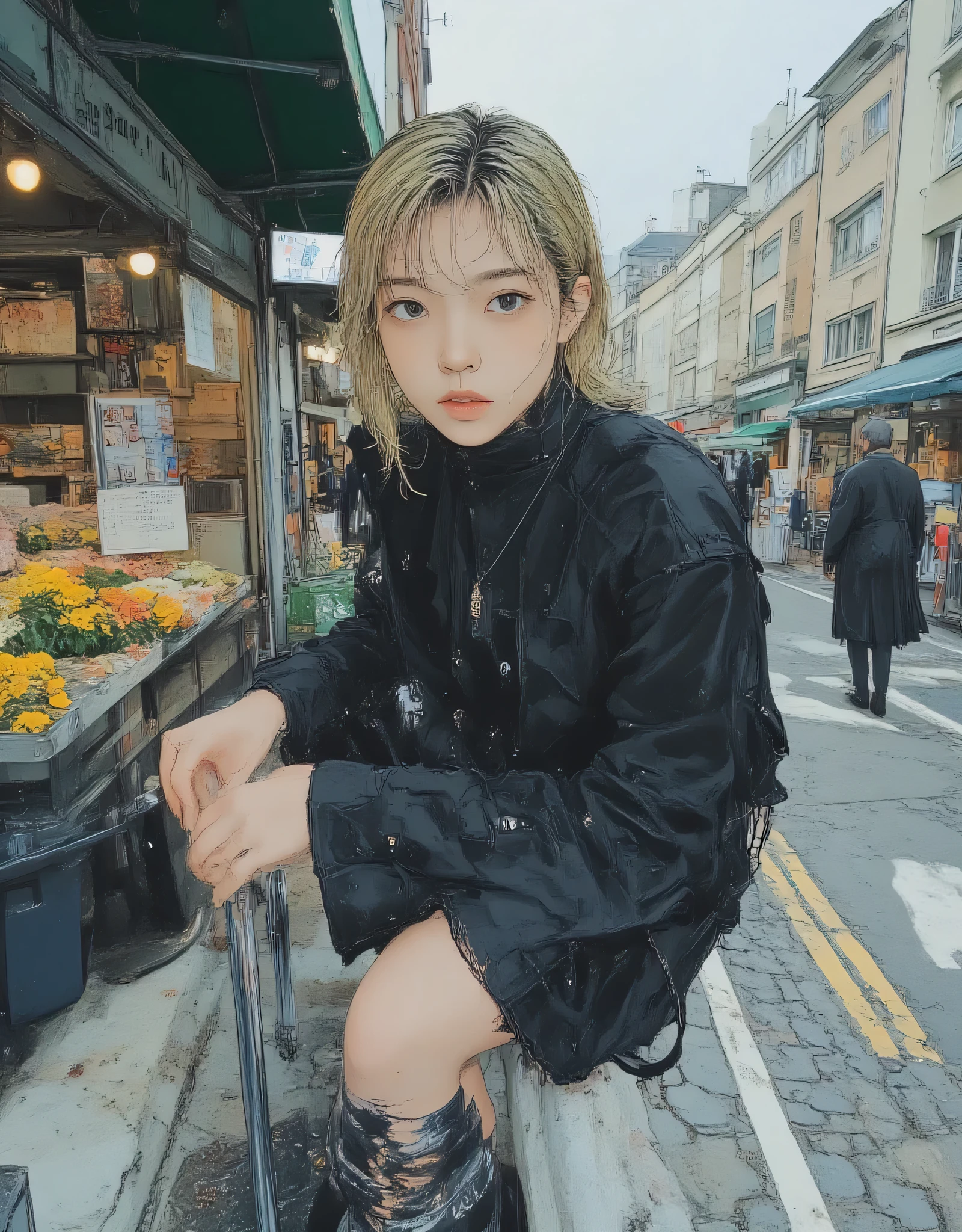 vivid, very detailed, award-winning illustration, Professional. womanhood, womanhood with elegant and natural makeup surrounded by flowers at the flower market, blonde blue-eyed gothic lolly、provocative, Full body depiction of womanhood, wide angle, beautiful, fantasy taken with a Nikon Z7 II mirrorless camera. Hyper-realistic, masterpiece, high resolution skin riding on a handrail. The cobblestone streets of Paris after the rain were dazzling. flower market scene with lots of flowers. some shoppers were blurry.