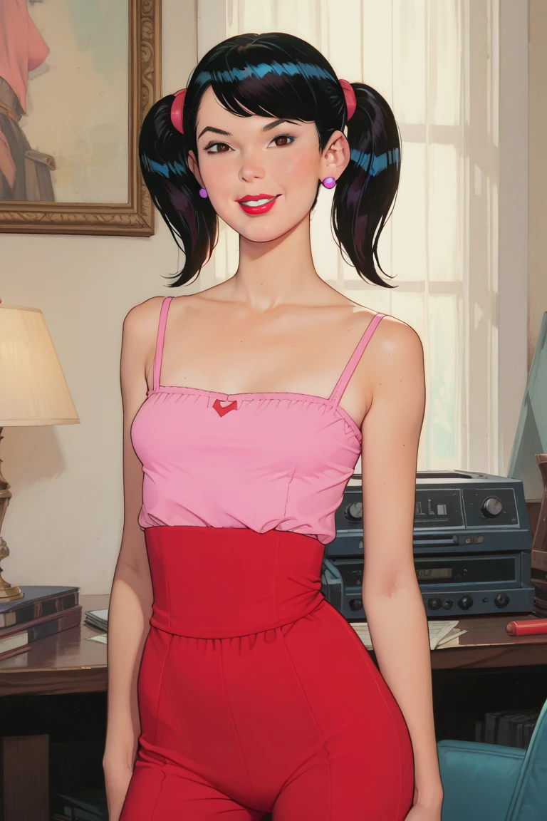 A girl, Bblack hair, 1980s (styled), sleeveless red dress, long hair,