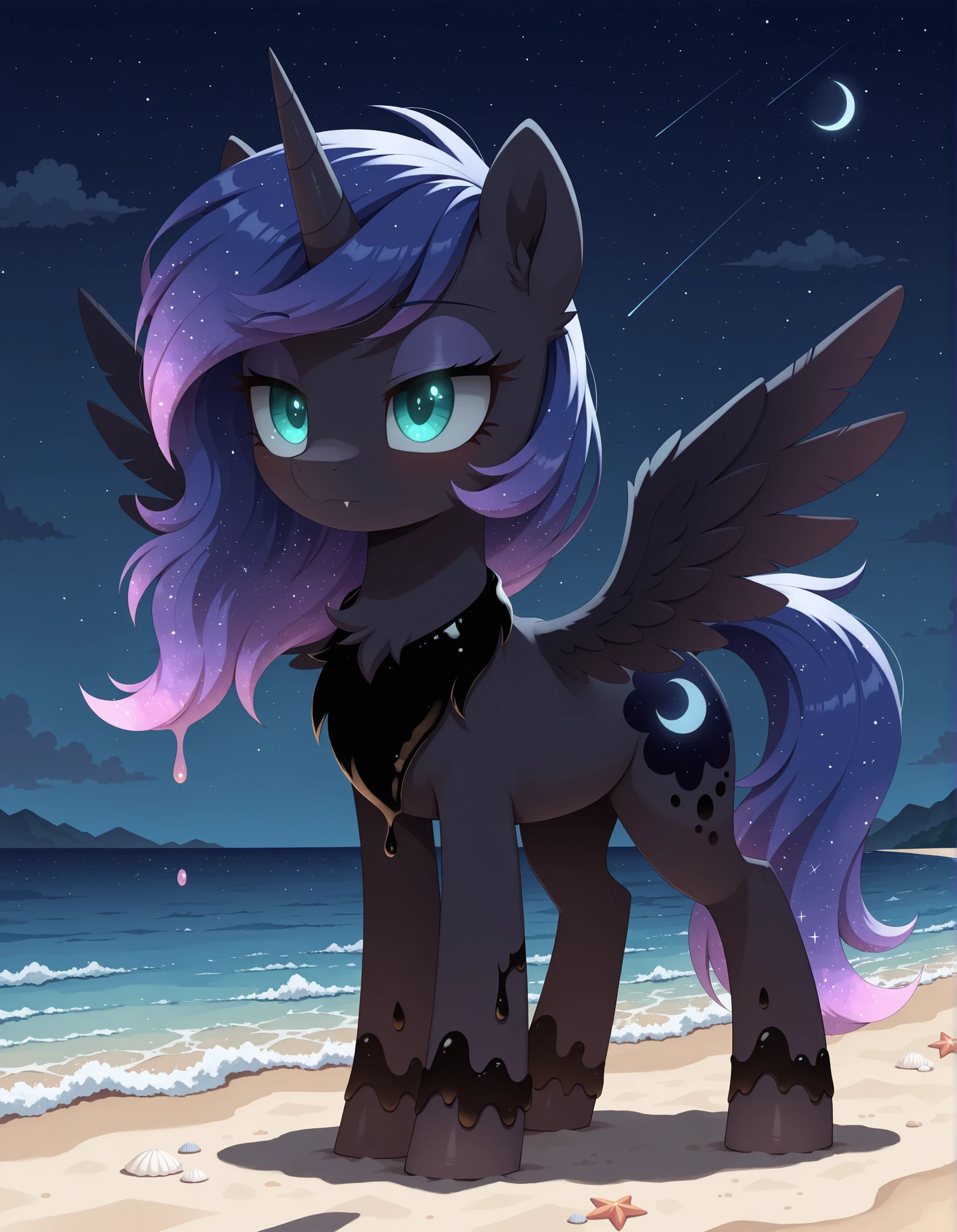 (Noxmauve:1.3),, masterpiece, best quality, amazing quality, very aesthetic, absurdres, newest, solo,
1girl, feral, feral pony, Woona, S1 Luna, Luna from Season 1 of My Little Pony, Young Luna, alicorn, horn, wings, (masterpiece), best quality, anime, simple background, (beach), melting, detailed, cosmic print, glowing hair, constellations, water, (mlp), ((eyes_in_darkness)), glowing eyes, slit eyes, little pony, friendship is magic, quadruped