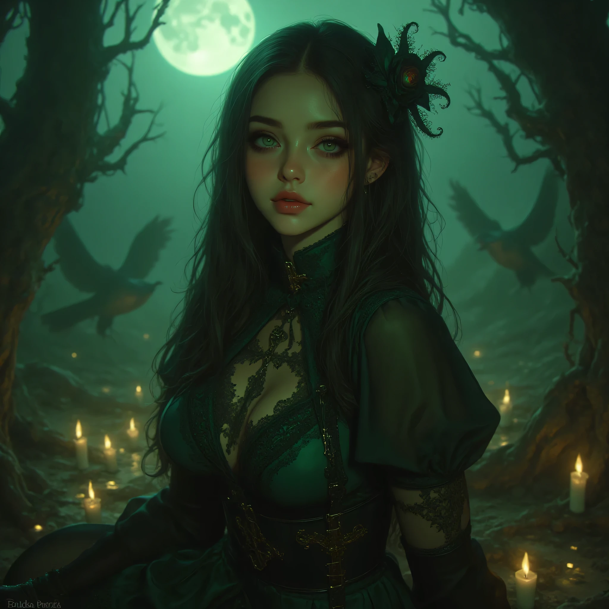 alluring, one hand resting gracefully on her hip, the other softly lifted, showing delicate, perfectly shaped fingers and elegant hand posture.

Her emerald green eyes are bright, sharp, and full of mystery — realistic, symmetrical, and expressive under the soft glow of the full moon. Her enchanting smile reveals perfect white teeth. The scene is surrounded by flickering candles, subtle mist, and twisted tree silhouettes, creating a magical, cinematic atmosphere with high detail and dramatic lighting.

ultra-realistic, photorealistic, cinematic lighting, high-resolution, detailed skin texture, perfect anatomy, elegant composition, gothic fantasy style, realistic eyes and hands, fine lace details, sharp focus, masterpiece, 8K quality.

 Negative prompt (blurry eyes, deformed eyes, asymmetrical eyes, extra eyes, wrong eye color, missing pupils, distorted pupils, low detail eyes, poor hand anatomy, extra fingers, missing fingers, fused fingers, deformed hands, wrong hand position, blurry hands, low quality hands, unnatural finger pose, distorted body, broken limbs, unrealistic proportions, duplicate body parts, bad anatomy, low contrast, pixelated, noise, watermark, text, logo, signature, cropped body, cartoonish, bad lighting, oversaturated, low detail, out of focus)