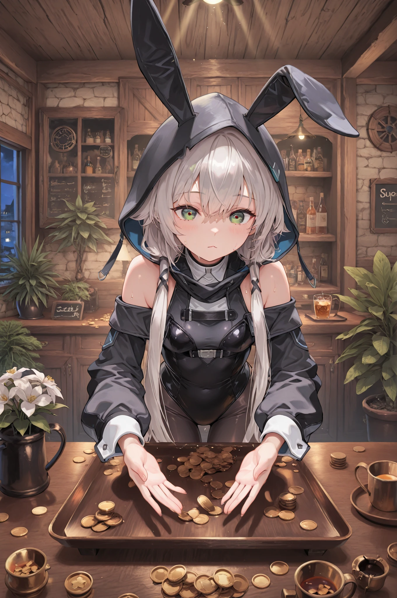 ((language: Japanese、English)、(masterpiece), (Highest Quality), (high score), (high resolution),No censorship,),

(Modern Europe 、(night),(indoor)、1girl,,solo,),

(,(Stylish pub, drink cabinet, Houseplants, flower, chic lighting , dimly lit room),,,(holding one tray with both hands,Tilted cup),(gold coins on the table),,,(anatomically accurate structure),),

((,BREAK,(very cute and beautiful girl),(super detailed face:1.4),(beautiful detailed eyes:1.4),[(Spotlight:1.4)],))

((mature woman, , gray hair, long hair, low twin tails, side lock, green eyes, Animal Food, fake rabbit ears, Bunny Girl Outfit,black bodysuit, Knee High Boots,  Off Shoulder, sleeveless,(small breasts),),((serious expression, seriously),(sweaty on my forehead),)(Hands on her chest),(lean forward:1),(busy expression）[looking ahead:],[cowboy shot:],(Walk slowly,),),

(),
（high score）、（excellent image generation）、
