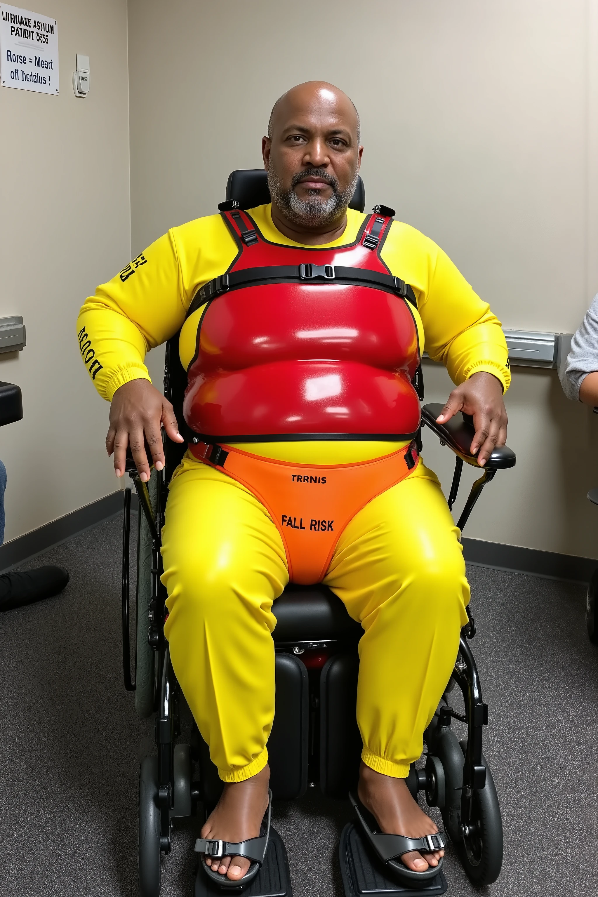 A gigantic massively obese black man, weighing 800 pounds, grotesque obesity, 95 years old, wrinkled fat and ugly, wearing a bright yellow rubber catsuit with text on sleeve "WARNING - INSANE" , wearing a shiny thick heavy polished red latex chest harness that has light reflecting from the sun and is tight fitting, wearing a orange neoprene hip belt with text on it "FALL RISK", sitting in a powered wheelchair in a hospital room, a sign on the wall says "INSANE ASYLUM PATIENT 5515"