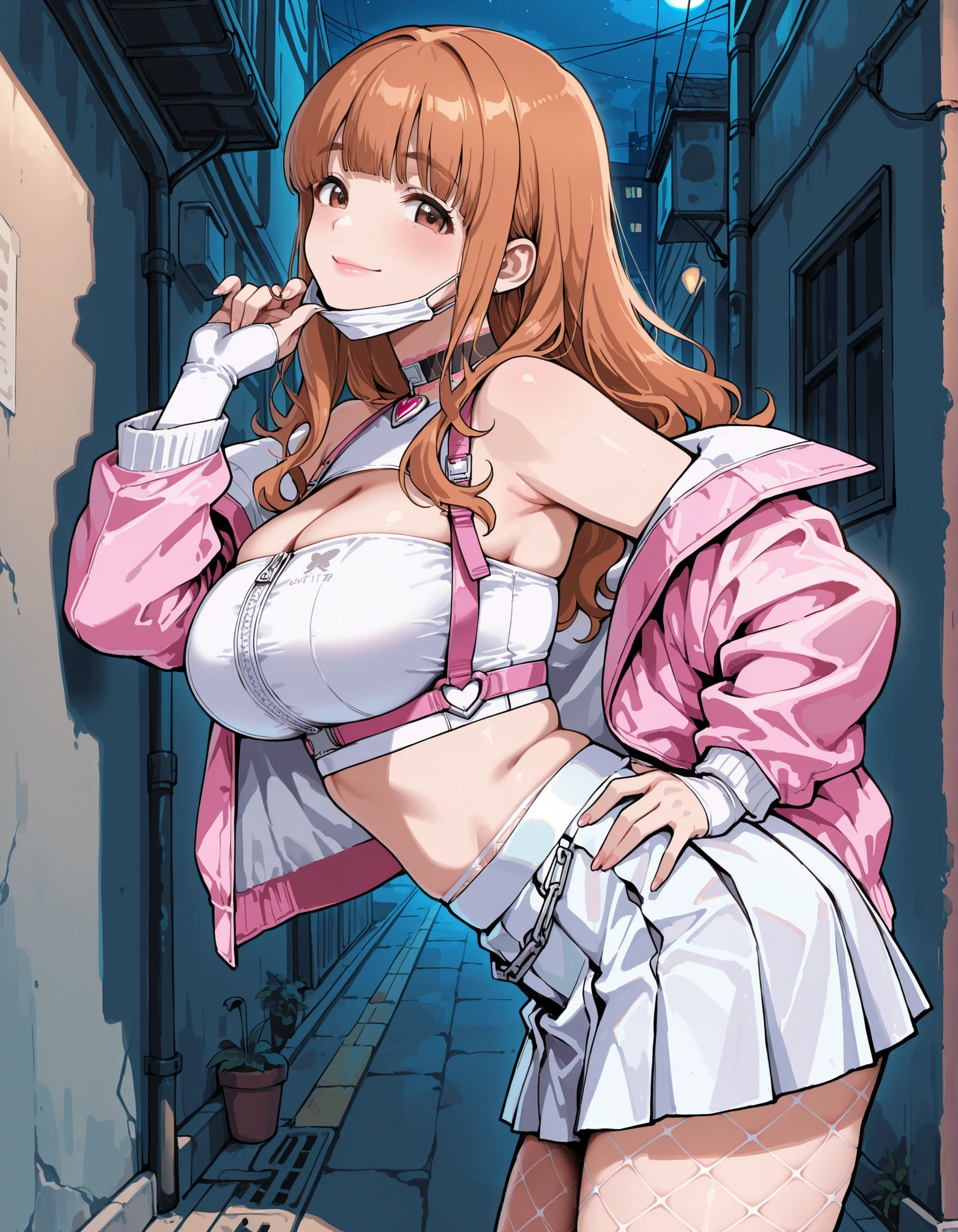 Score_9, score_8_up, score_7_up, source_anime, takebe saori, solo, blunt bangs, wavy hair, long hair, orange hair, brown eyes, large breasts, (best quality), (high quality), {masterpiece}, extremely delicate and beautiful, ultra-detailed, beautiful detailed eyes, Viper_Cosplay, open clothes, choker, crop top, fishnets, white pleated skirt, pink jacket, backalley, night, from side, looking at viewer, white mask, mask pull, pink lips, smile, closed mouth, one hand on hip, leaning forward