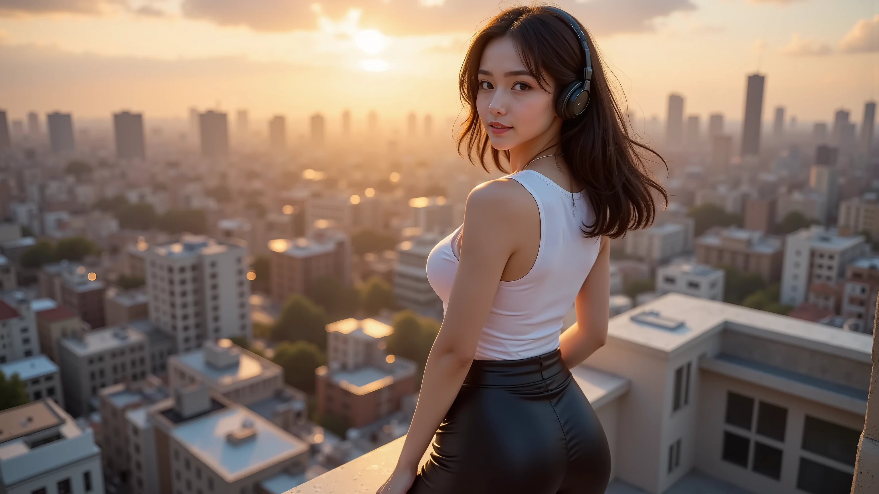 She stands on a rooftop at sunrise overlooking the glowing city, headphones on, loose hair flowing in the breeze, confident and motivated pose, golden sky, cinematic hip-hop energy, ultra-realistic.