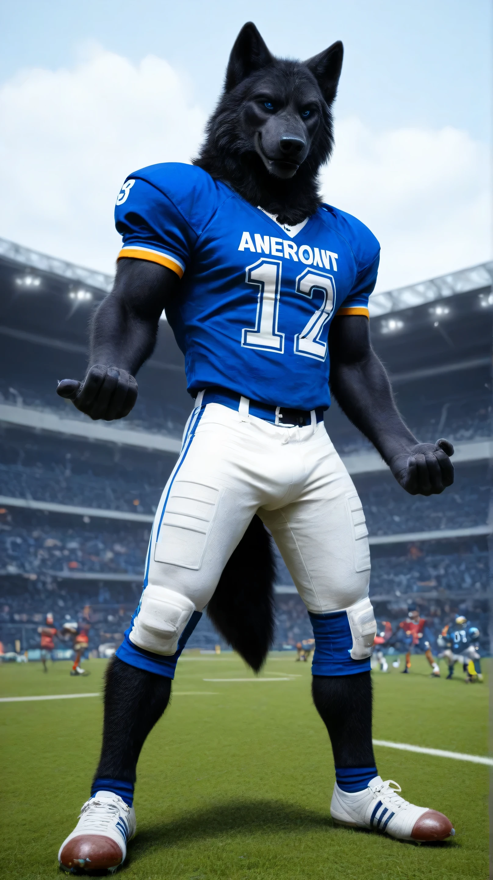 Male black wolf , hairy,blue eyes, muscular body, Alone, without humans, in an american football stadium, Sky blue, white clouds, is in front of the spectator , wearing an american football uniform, blue american football jersey, white lycra soccer pants,arrogant expression, standing, with legs apart, bodybuilding pose , wolf tail, smiling seductively, Nice Guy , in front of full body