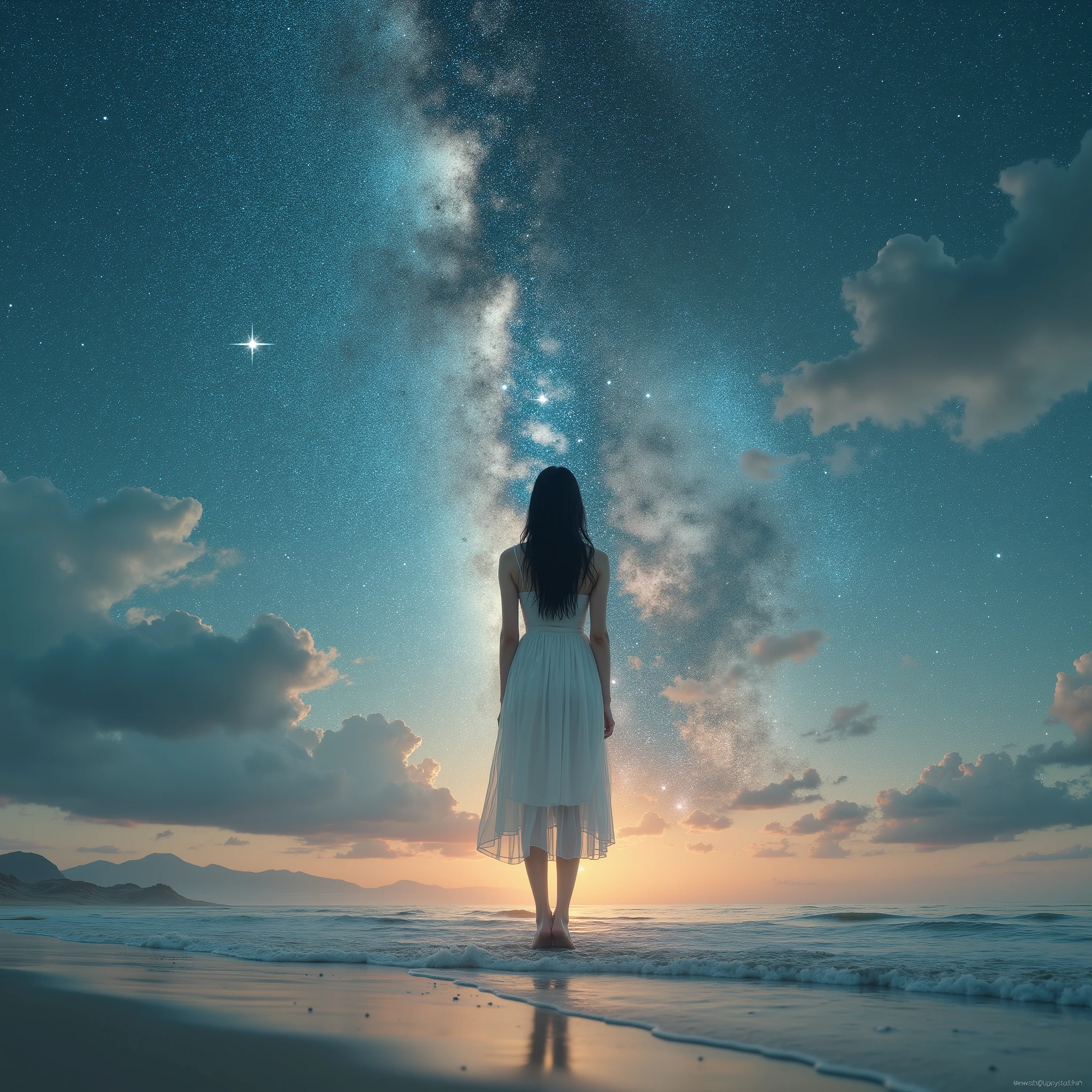 A transcendent woman with black hair standing on a sparkling Milky Way silhouette in white dress on a beach in the starry sky and descends to the ground,An image that seems to be coming down from space,The moment a gorgeous woman appeared,A collaboration that combines cosmic fantasy and reality,Masterpiece,Bokeh,Superb Picture Quality,PREMIUM QUALITY , UHD 32K,Fine Details