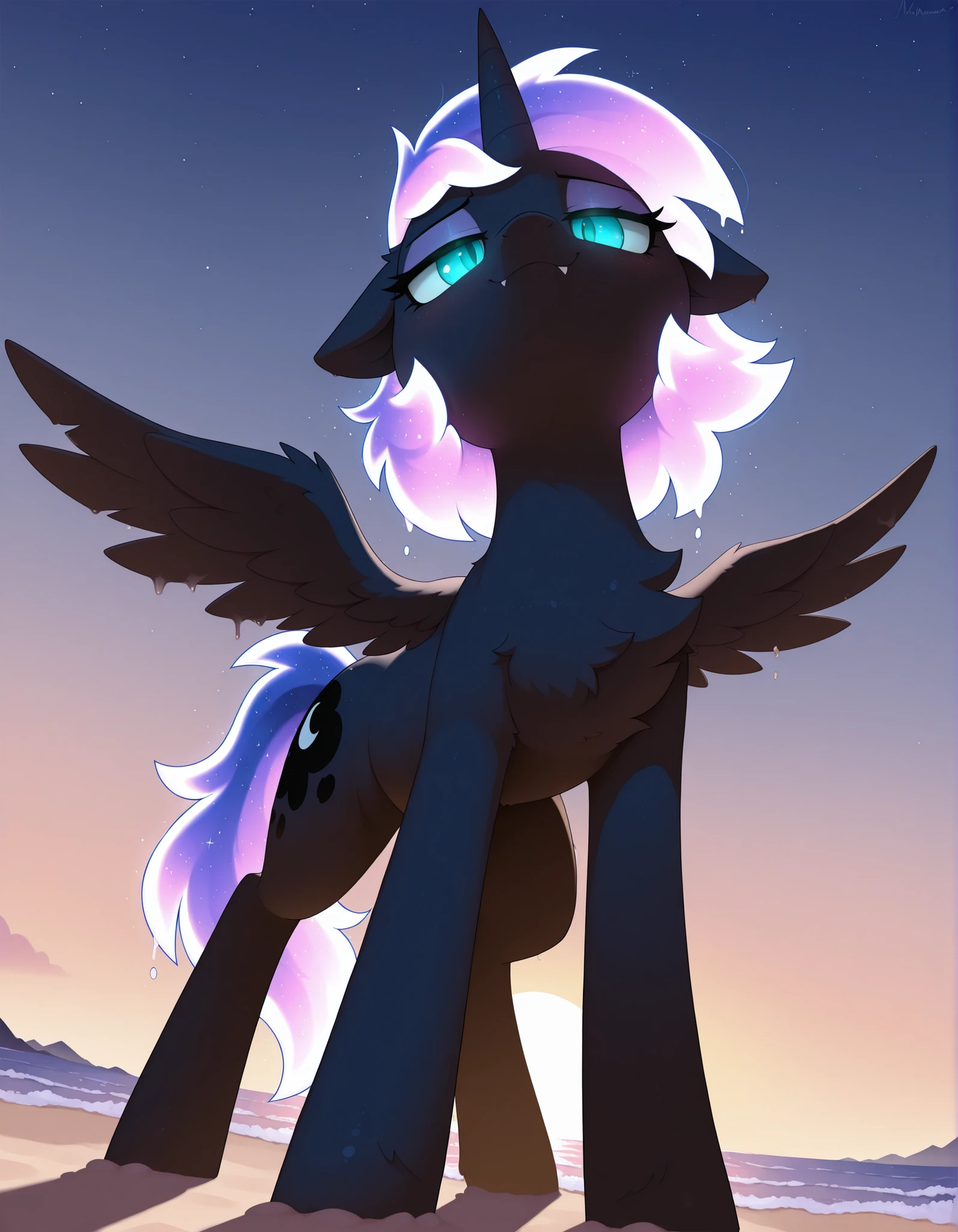 (Noxmauve:1.3),, masterpiece, best quality, amazing quality, very aesthetic, absurdres, newest, solo,
1girl, feral, feral pony, Woona, S1 Luna, Luna from Season 1 of My Little Pony, Young Luna, alicorn, horn, wings, (masterpiece), best quality, anime, simple background, (beach), melting, detailed, cosmic print, glowing hair, constellations, water, (mlp), ((eyes_in_darkness)), glowing eyes, slit eyes, little pony, friendship is magic, quadruped