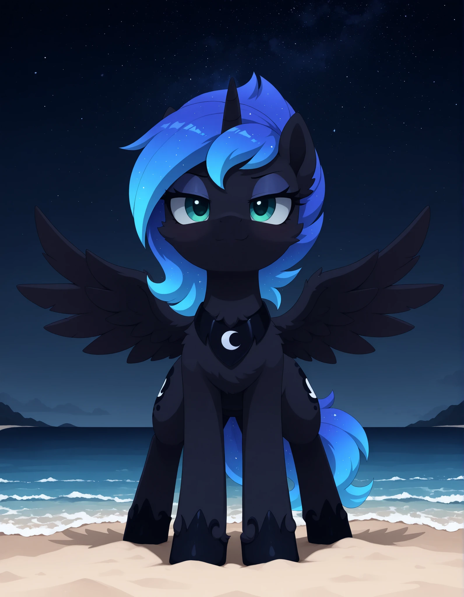 (Noxmauve:1.3),, masterpiece, best quality, amazing quality, very aesthetic, absurdres, newest, solo,
1girl, feral, feral pony, Woona, S1 Luna, Luna from Season 1 of My Little Pony, Young Luna, alicorn, horn, wings, (masterpiece), best quality, anime, simple background, (beach), melting, detailed, cosmic print, glowing hair, constellations, water, (mlp), ((eyes_in_darkness)), glowing eyes, slit eyes, little pony, friendship is magic, quadruped