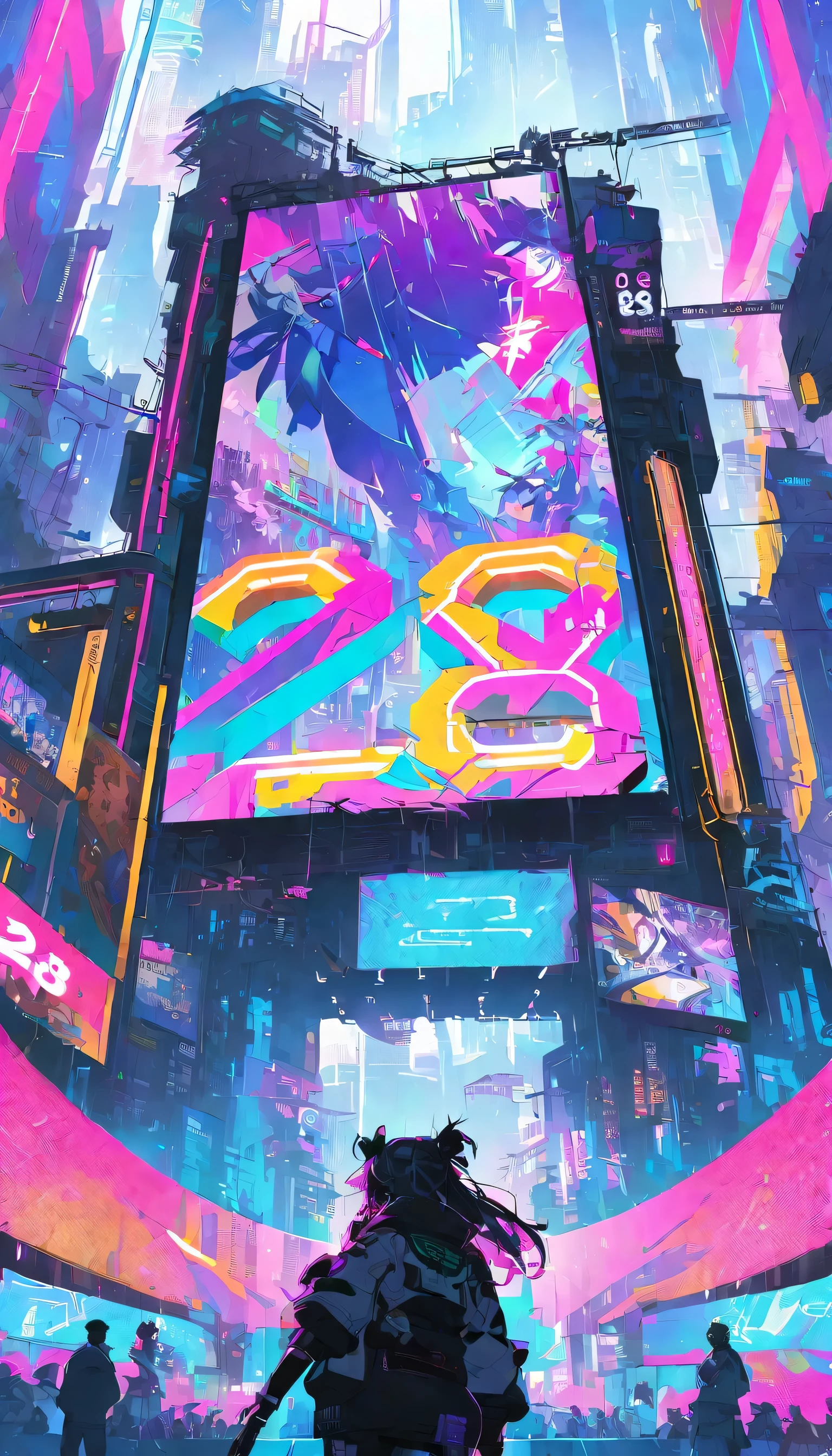 ((Cyberpunk style)) ((Neon light scene)) The number ((28)) is displayed on the giant screen